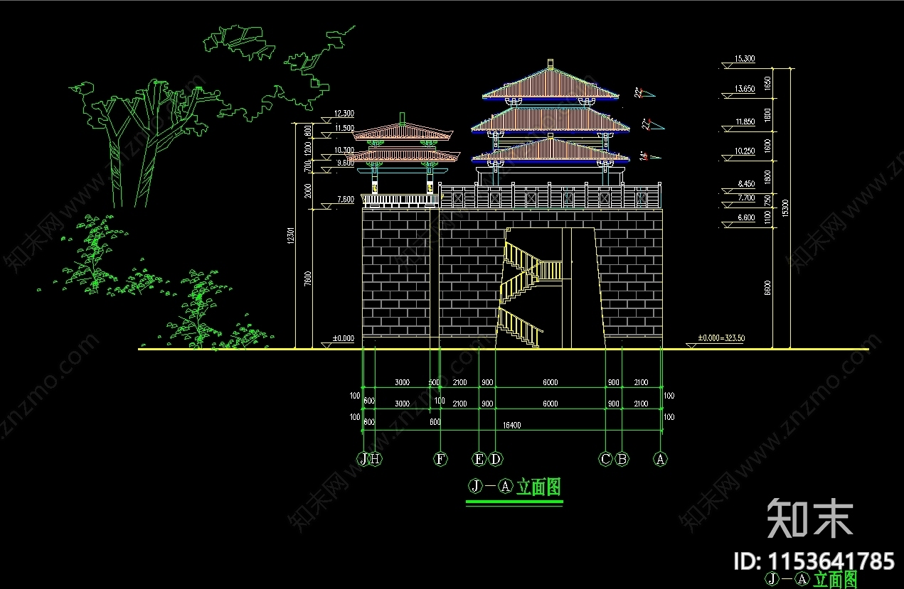 古城景区山门建筑设计cad施工图下载【ID:1153641785】