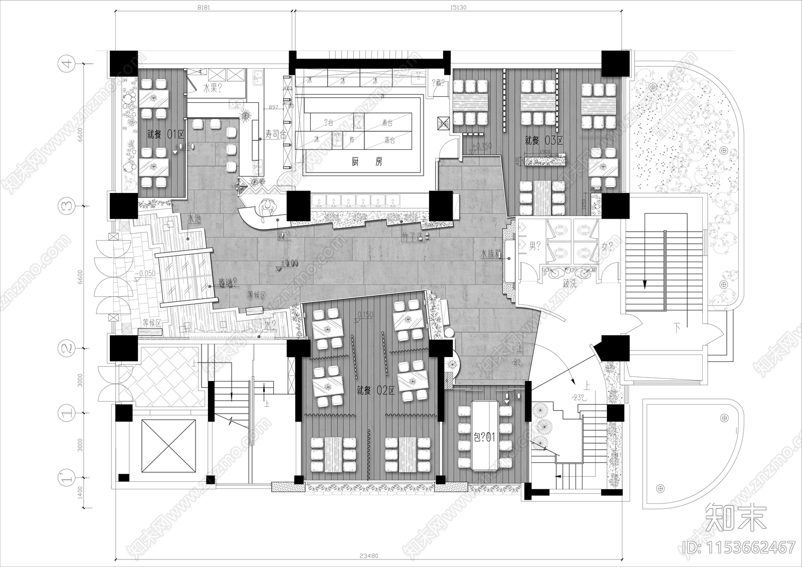 500㎡中式园林餐厅彩平图施工图下载【ID:1153662467】