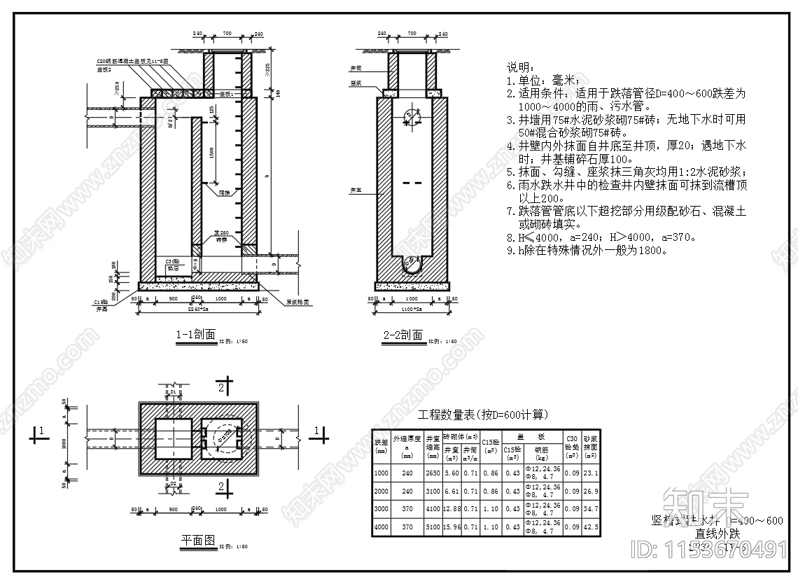 雨水污水检查井设计详图cad施工图下载【ID:1153670491】