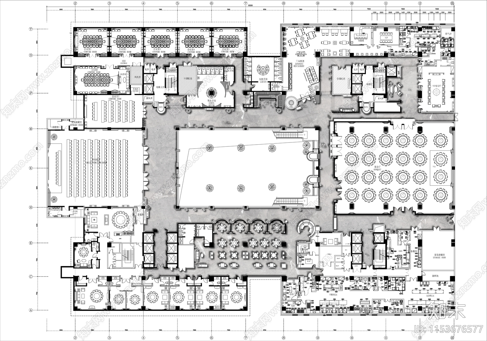 5000㎡酒店宴会餐厅平面布置图施工图下载【ID:1153676577】
