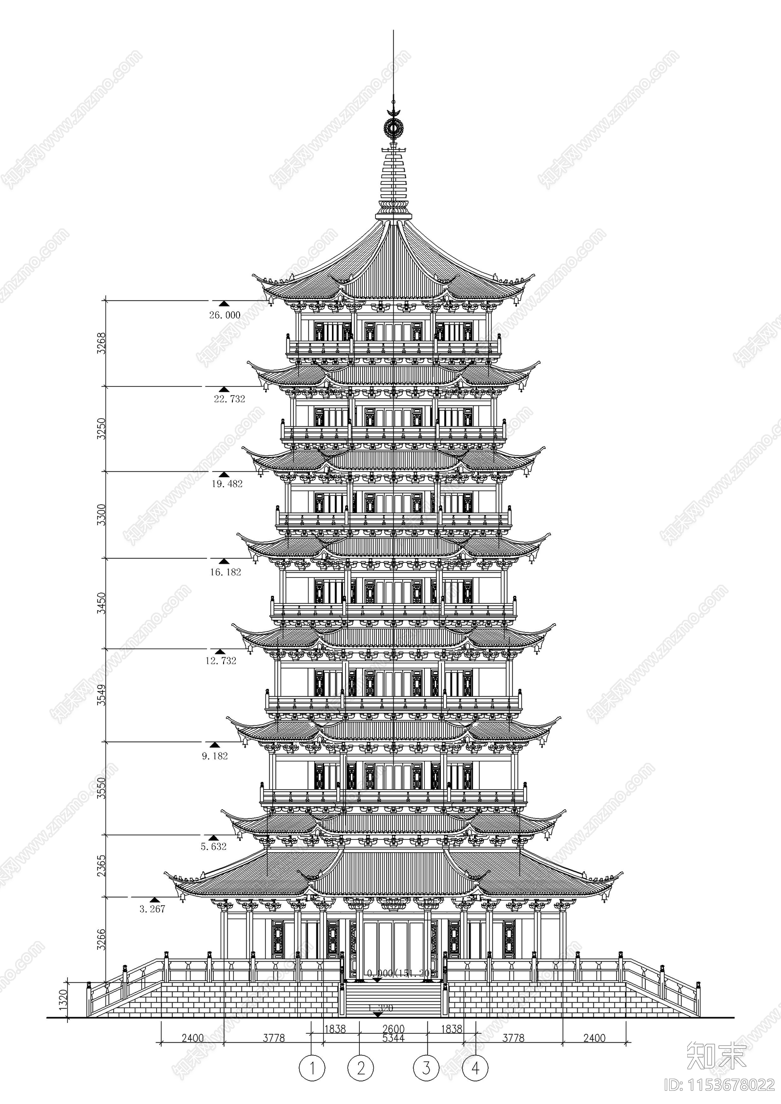 景区仿古七层塔全套建筑设计cad施工图下载【ID:1153678022】