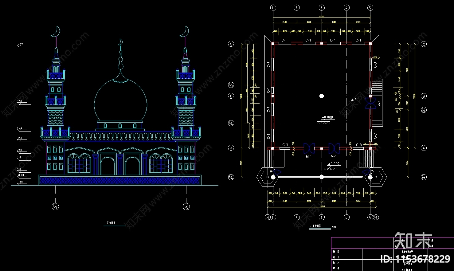 成套清真寺建筑cad施工图下载【ID:1153678229】