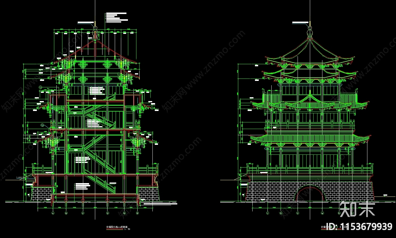 古建烟水阁建筑cad施工图下载【ID:1153679939】