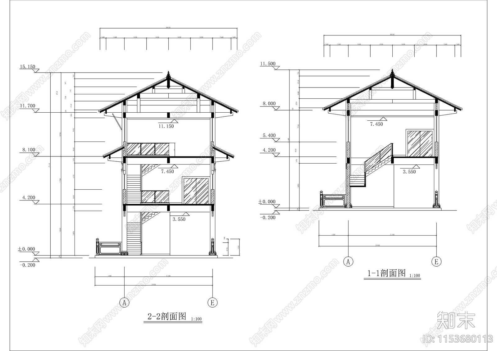 仿古建筑廊桥建筑cad施工图下载【ID:1153680113】