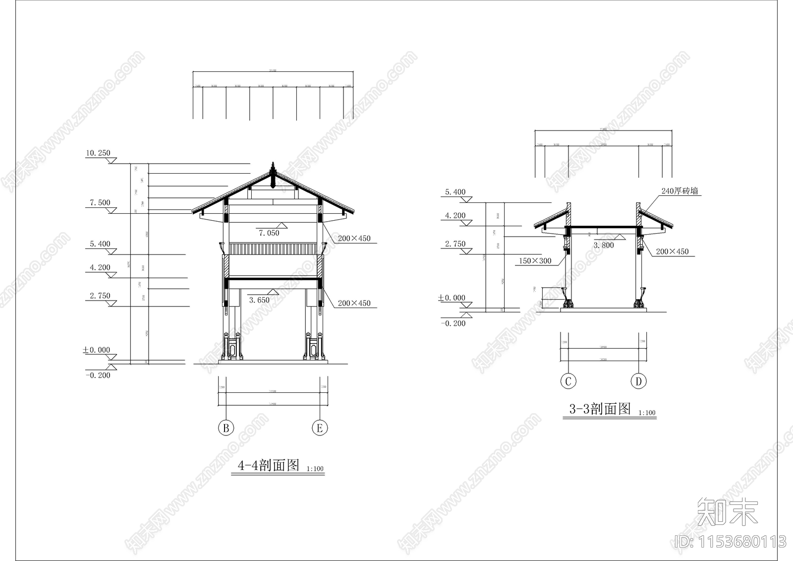 仿古建筑廊桥建筑cad施工图下载【ID:1153680113】