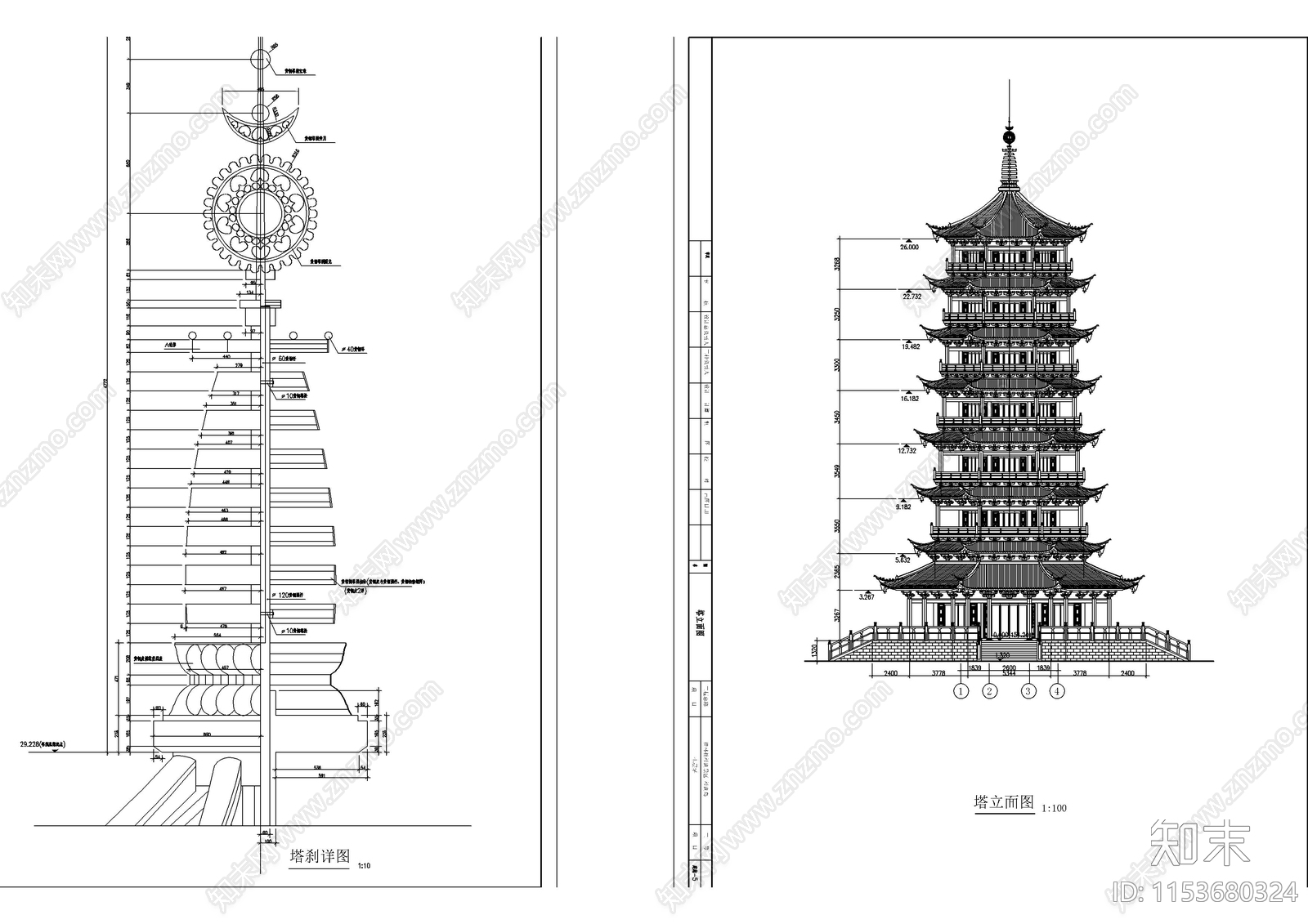 七层古塔建筑cad施工图下载【ID:1153680324】