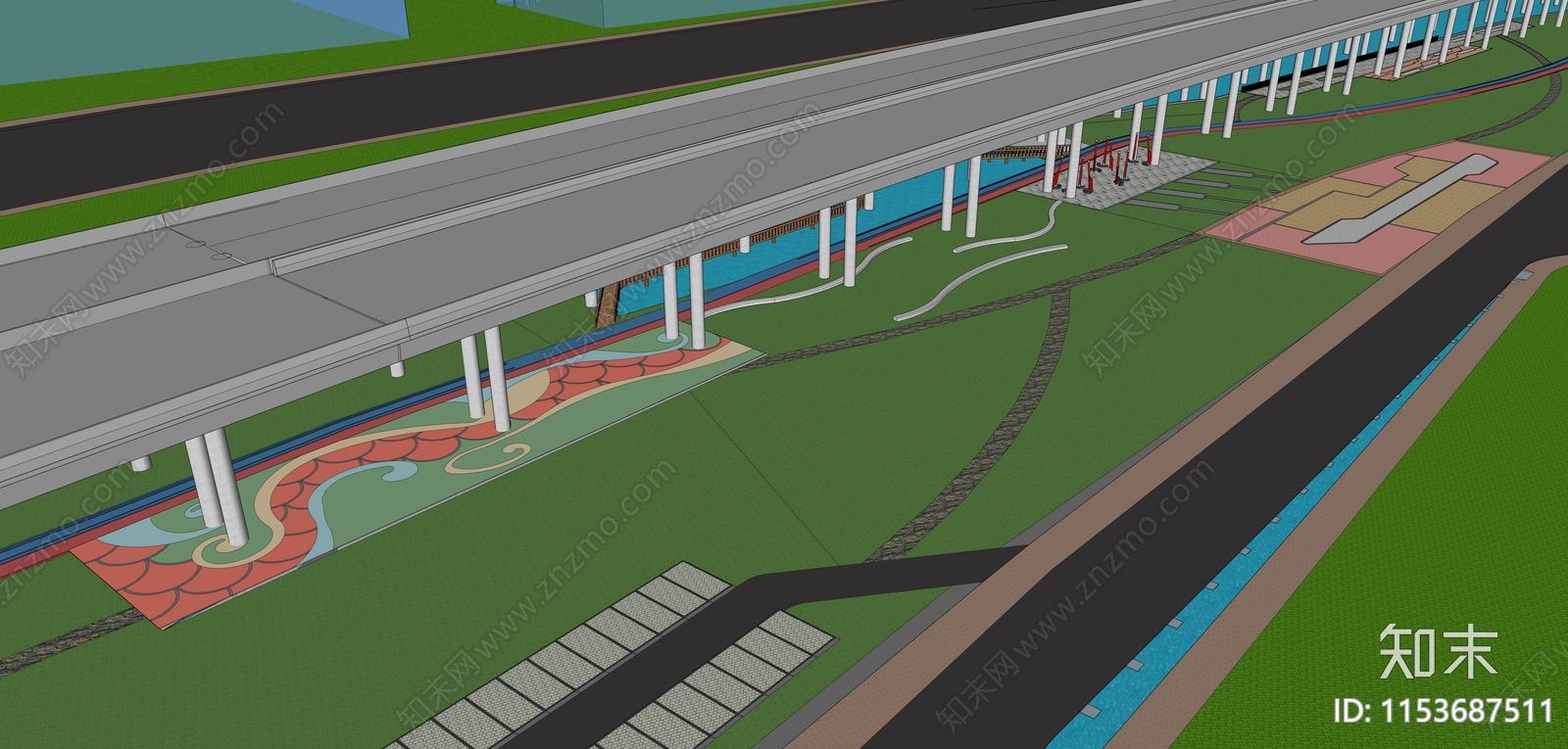现代龙舟文化高架桥底滨水景观SU模型下载【ID:1153687511】