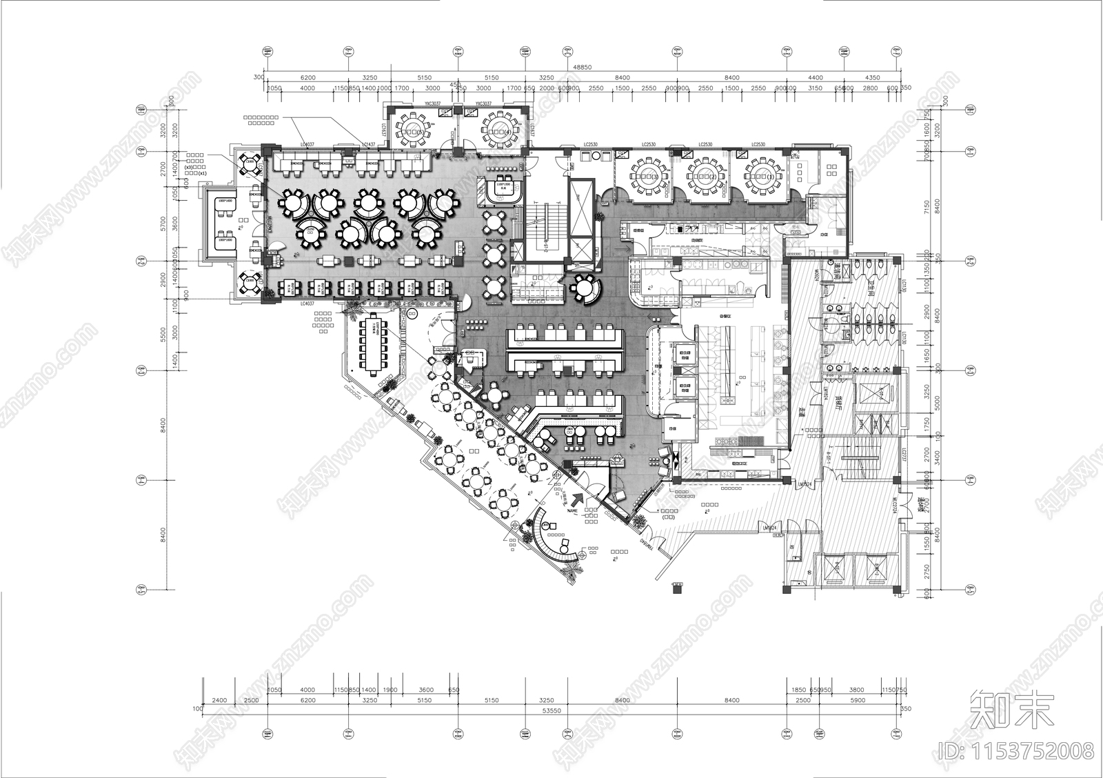 1000㎡港式餐厅室内平面图cad施工图下载【ID:1153752008】