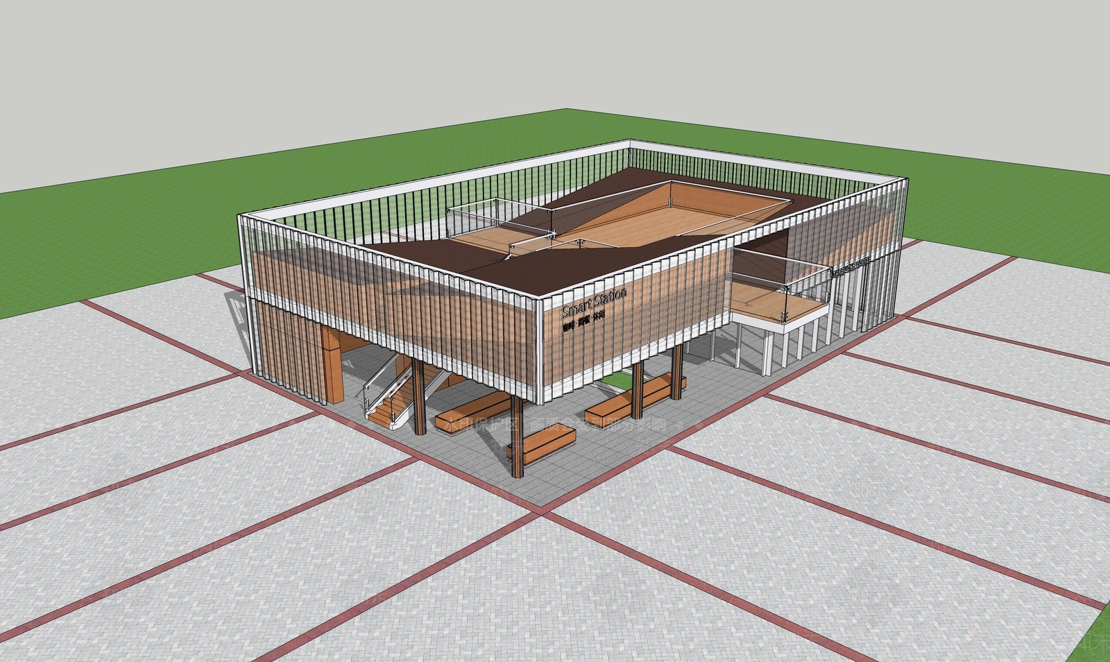 现代穿孔板餐饮建筑SU模型下载【ID:1153702729】