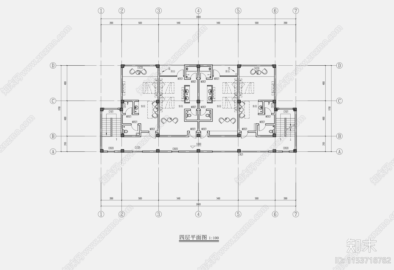 26X12M1100平中式山地四层民宿建筑cad施工图下载【ID:1153718782】