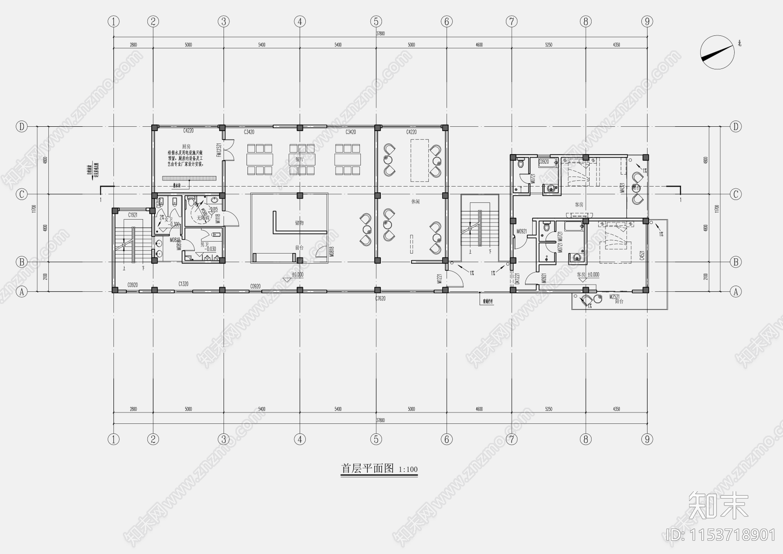 38X12M1600平中式山地四层民宿建筑cad施工图下载【ID:1153718901】