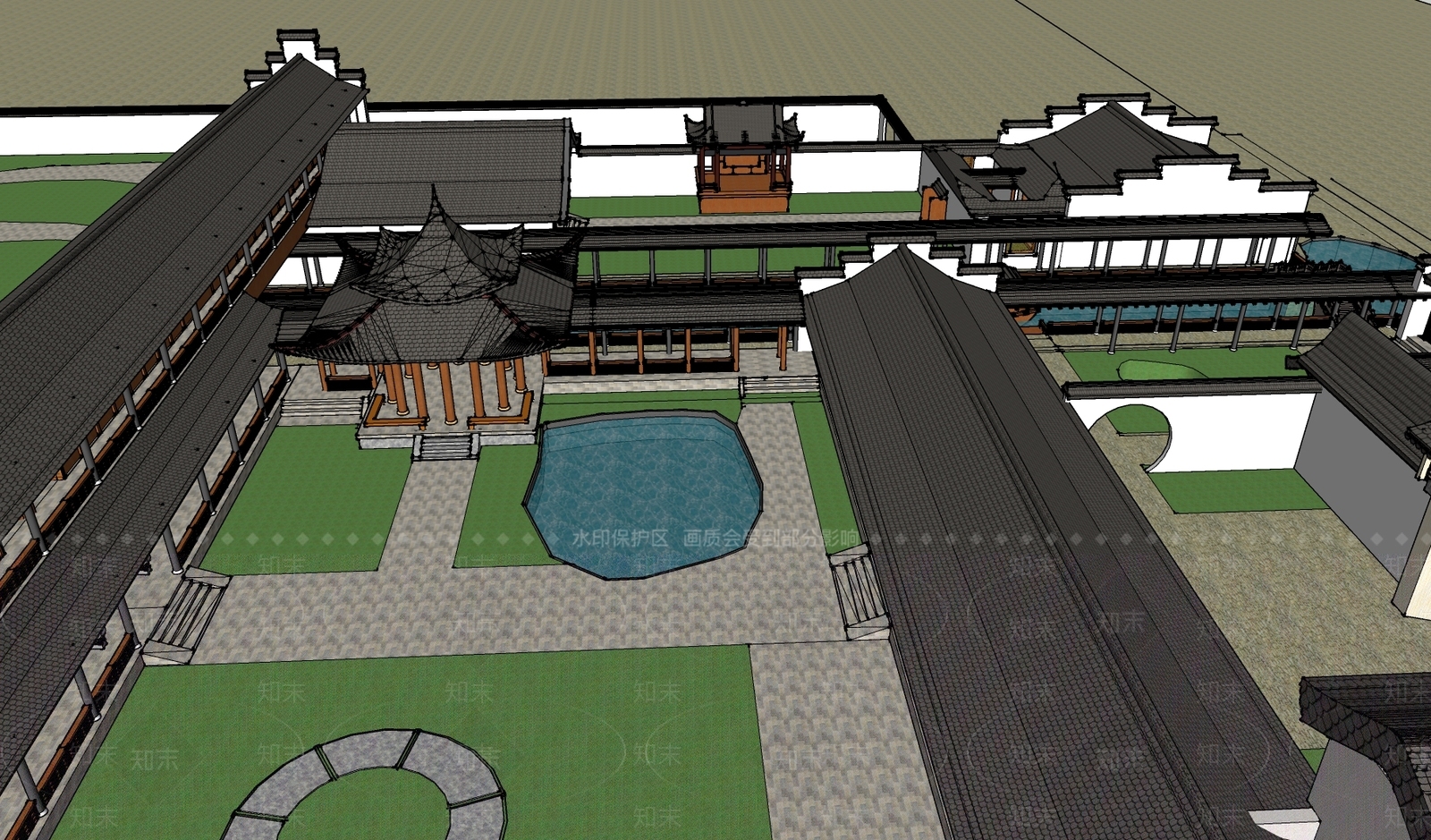 中式庭院滨水景观SU模型下载【ID:1153724523】