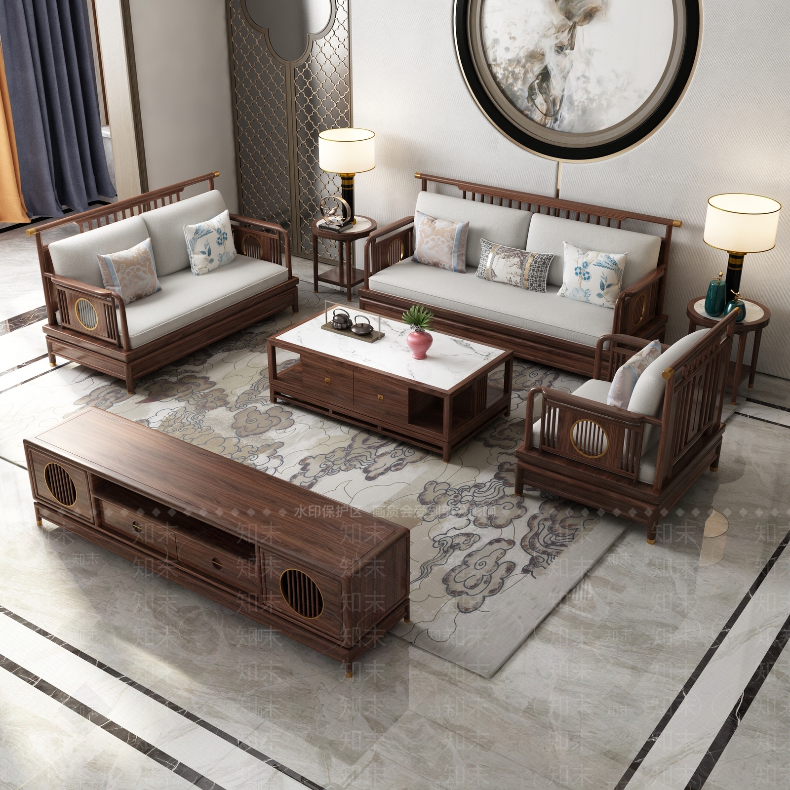 中式沙发茶几3D模型下载【ID:1153726004】