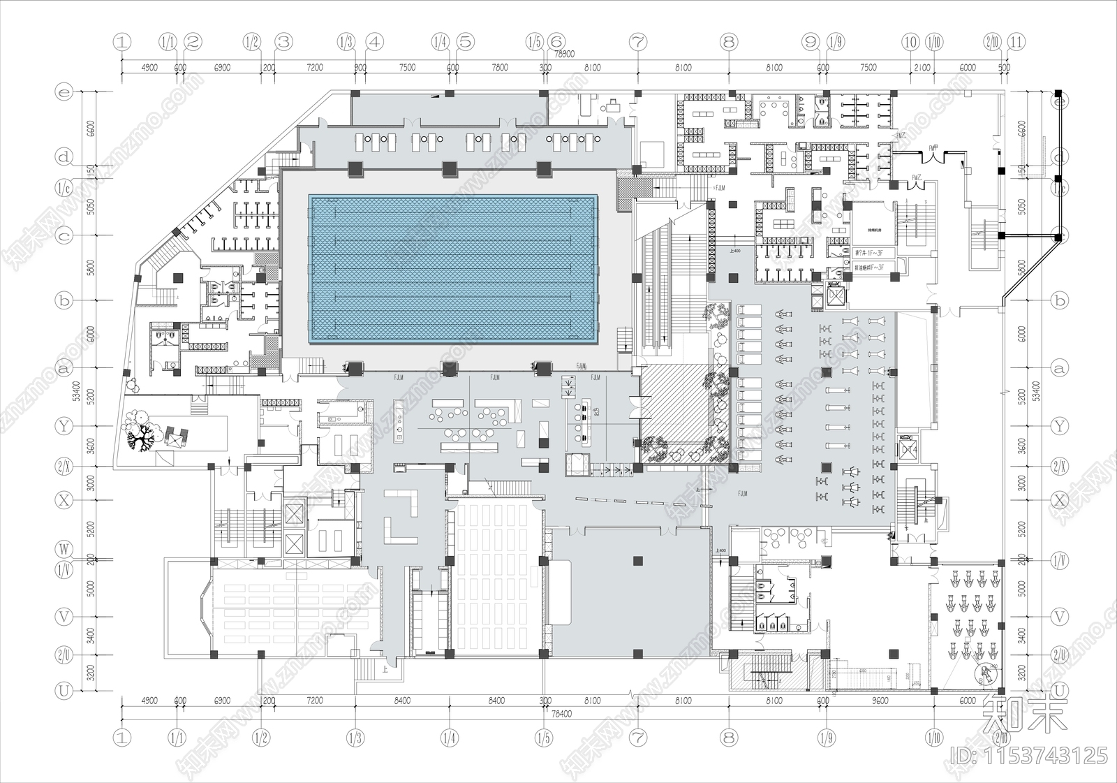 4000㎡游泳健身会所室内平面图施工图下载【ID:1153743125】