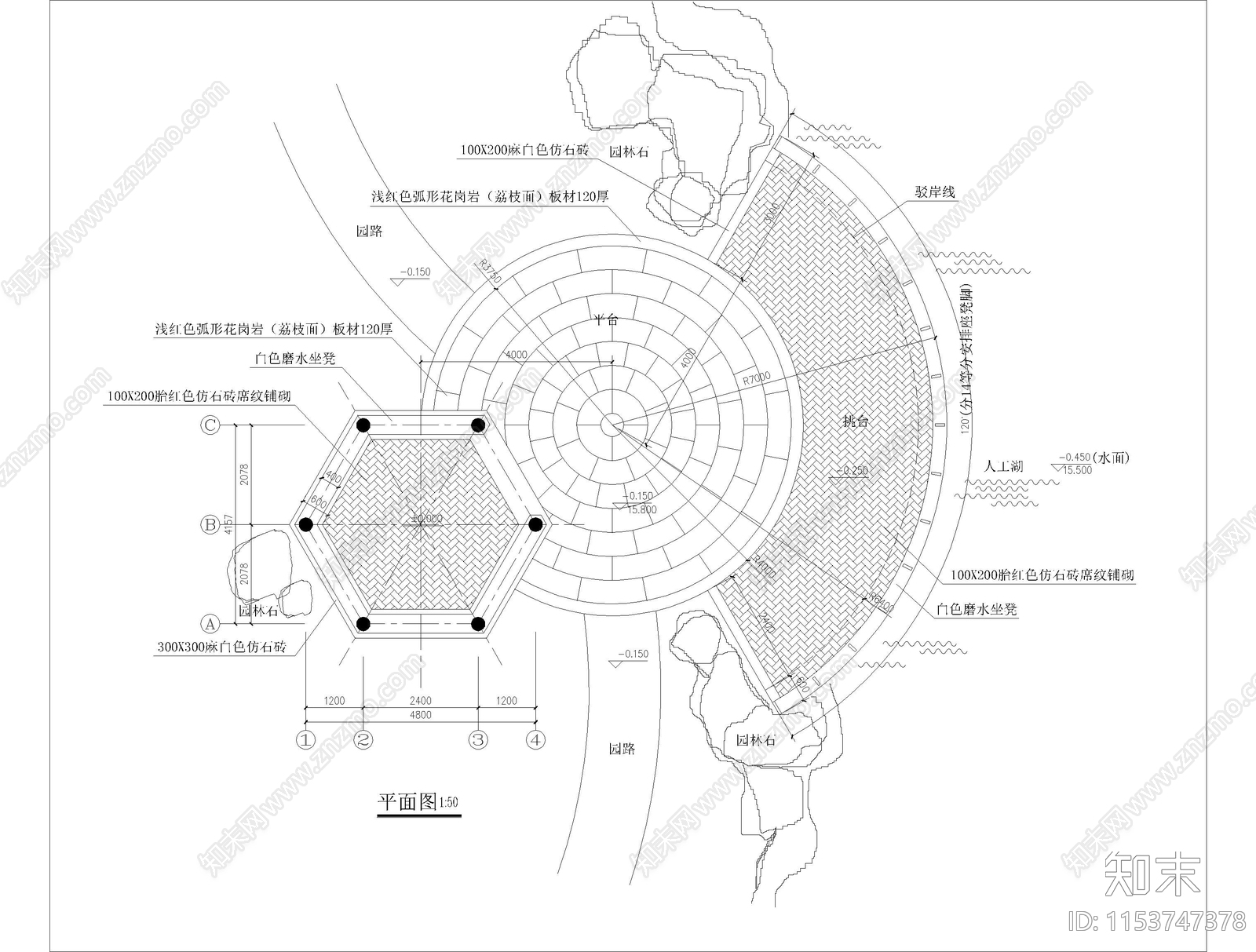 湖畔园区傍水亭子景观cad施工图下载【ID:1153747378】