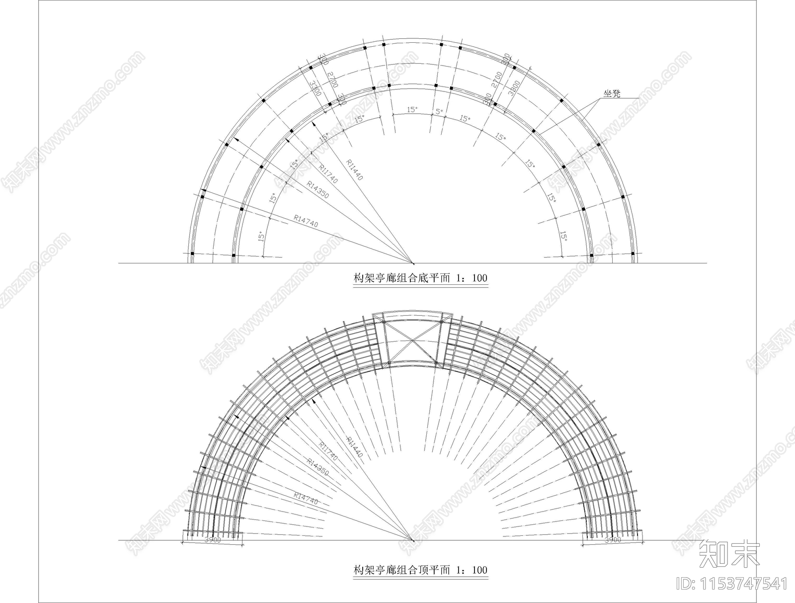 连体钢结构亭廊景观cad施工图下载【ID:1153747541】