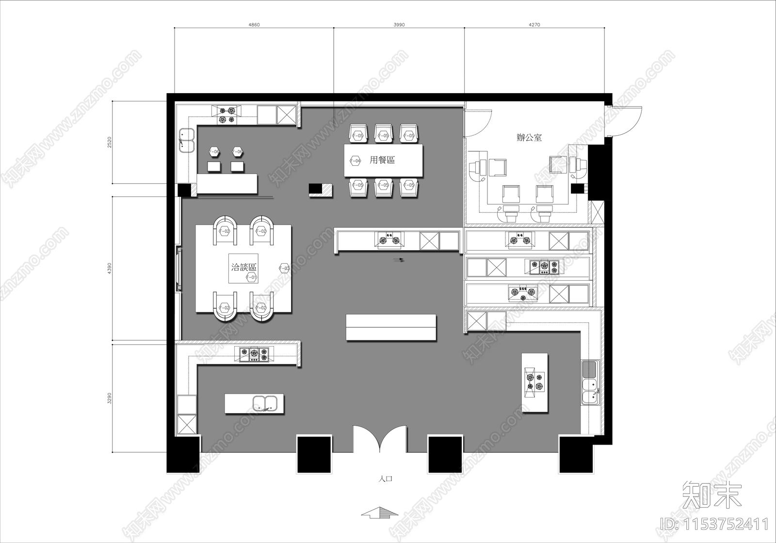 120㎡一体橱柜展厅室内平面图施工图下载【ID:1153752411】