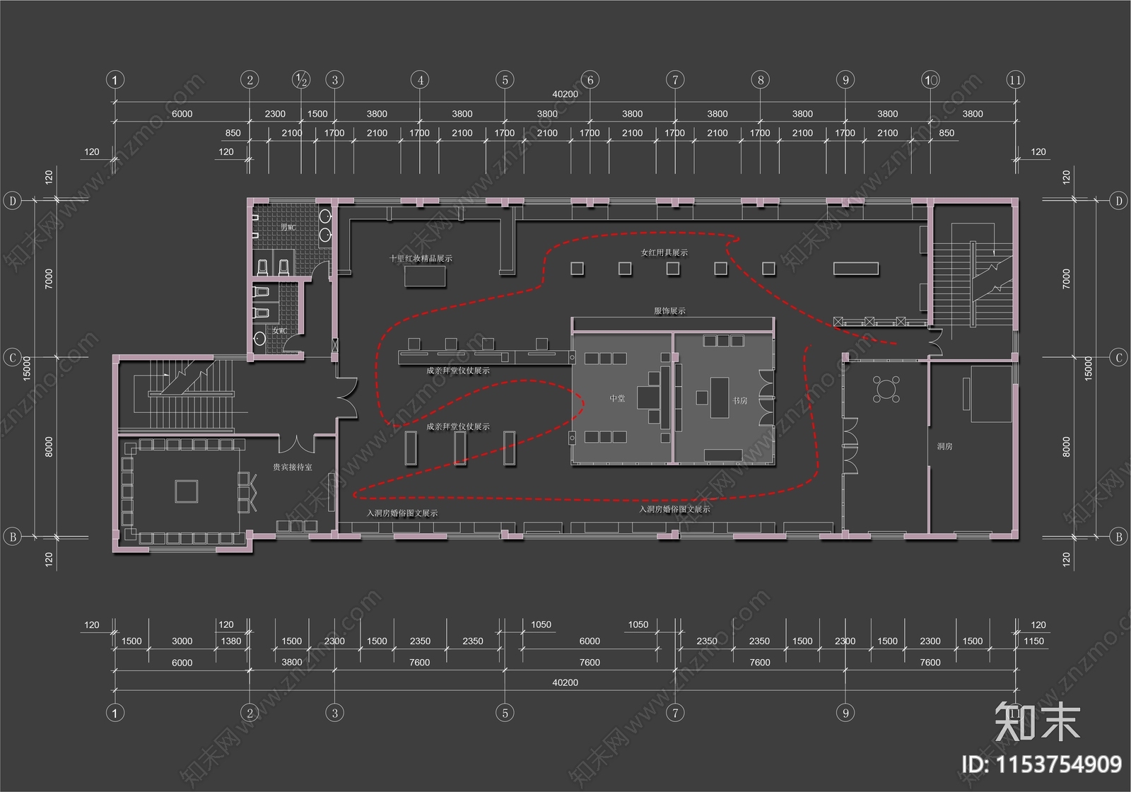 500㎡民国历史文化纪念展厅室内平面图施工图下载【ID:1153754909】