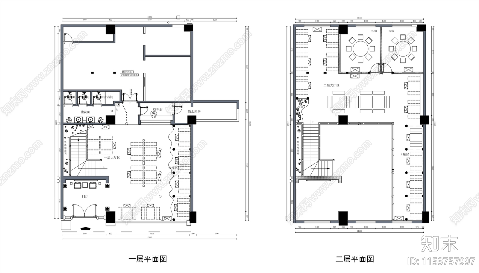 450㎡两层中式火锅店室内平面图cad施工图下载【ID:1153757997】