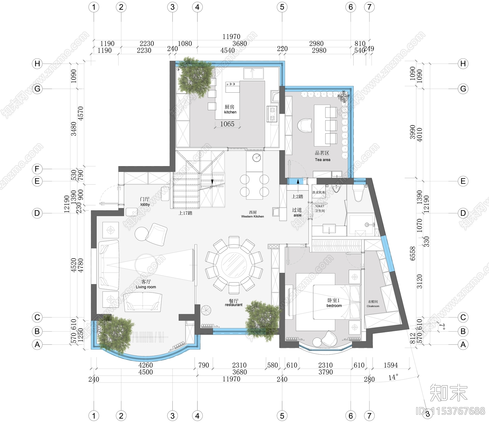 130㎡三房别墅平面cad施工图下载【ID:1153767688】