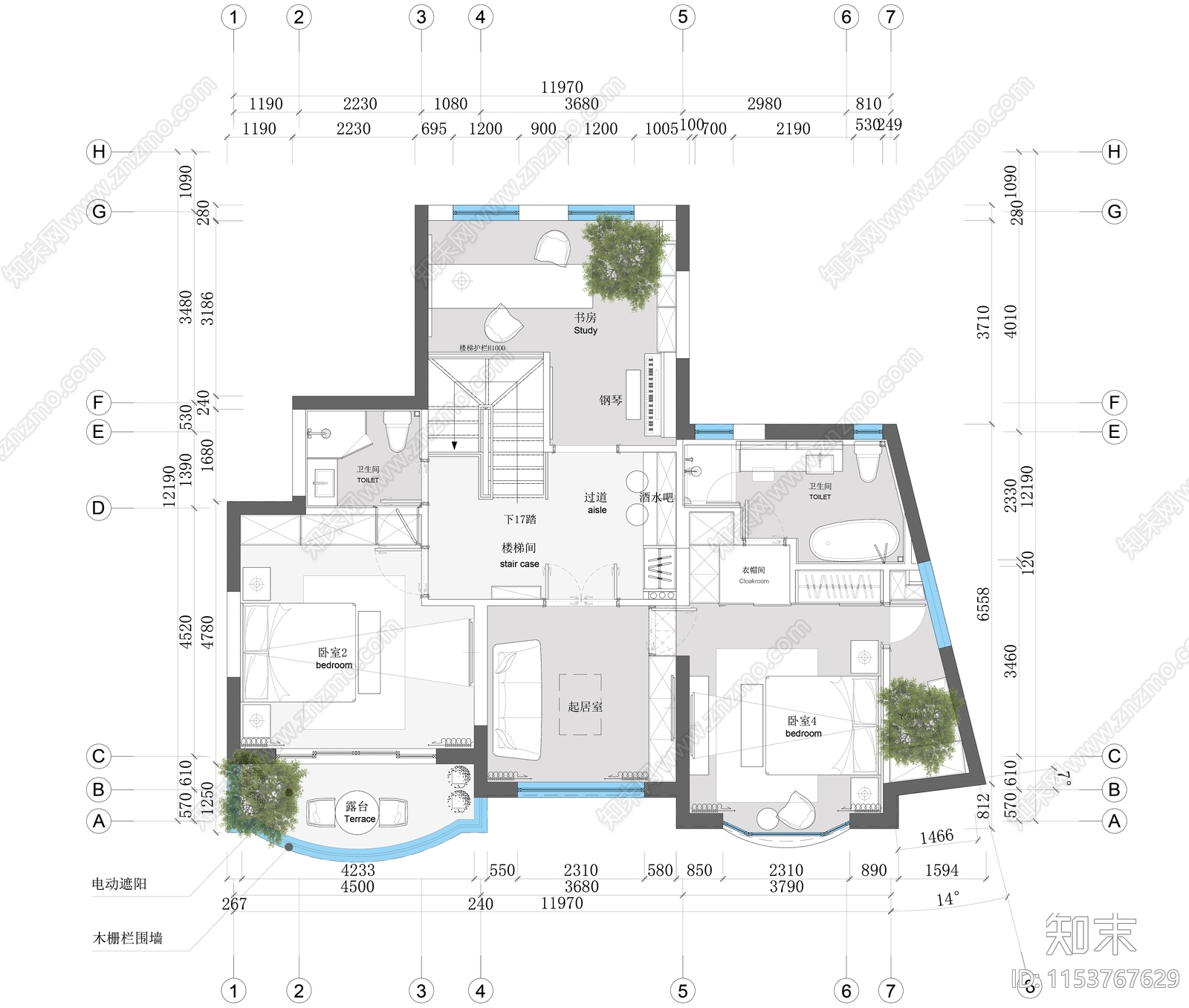 130㎡四房别墅平面cad施工图下载【ID:1153767629】