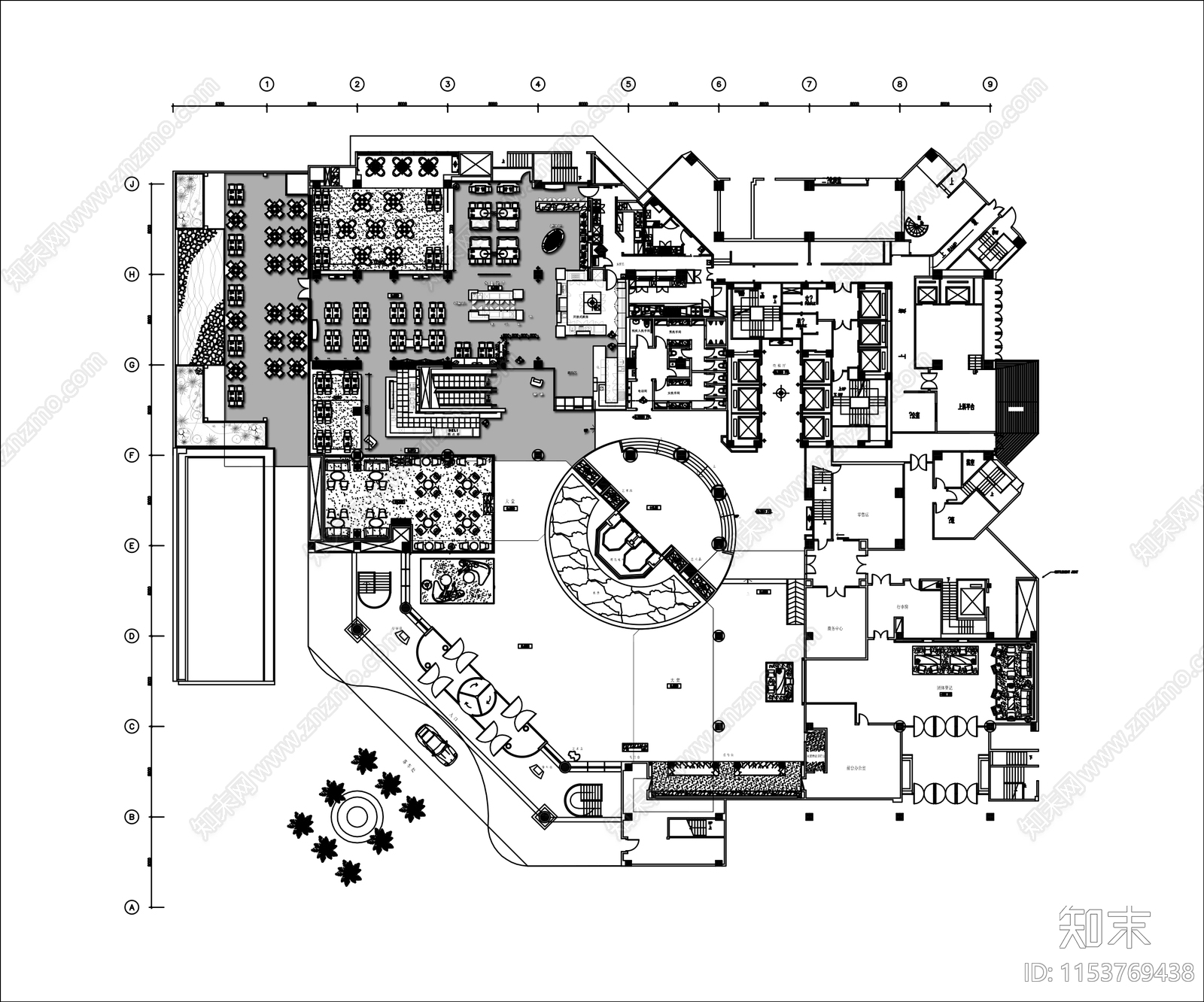 星级度假酒店全日餐厅平面布置图施工图下载【ID:1153769438】