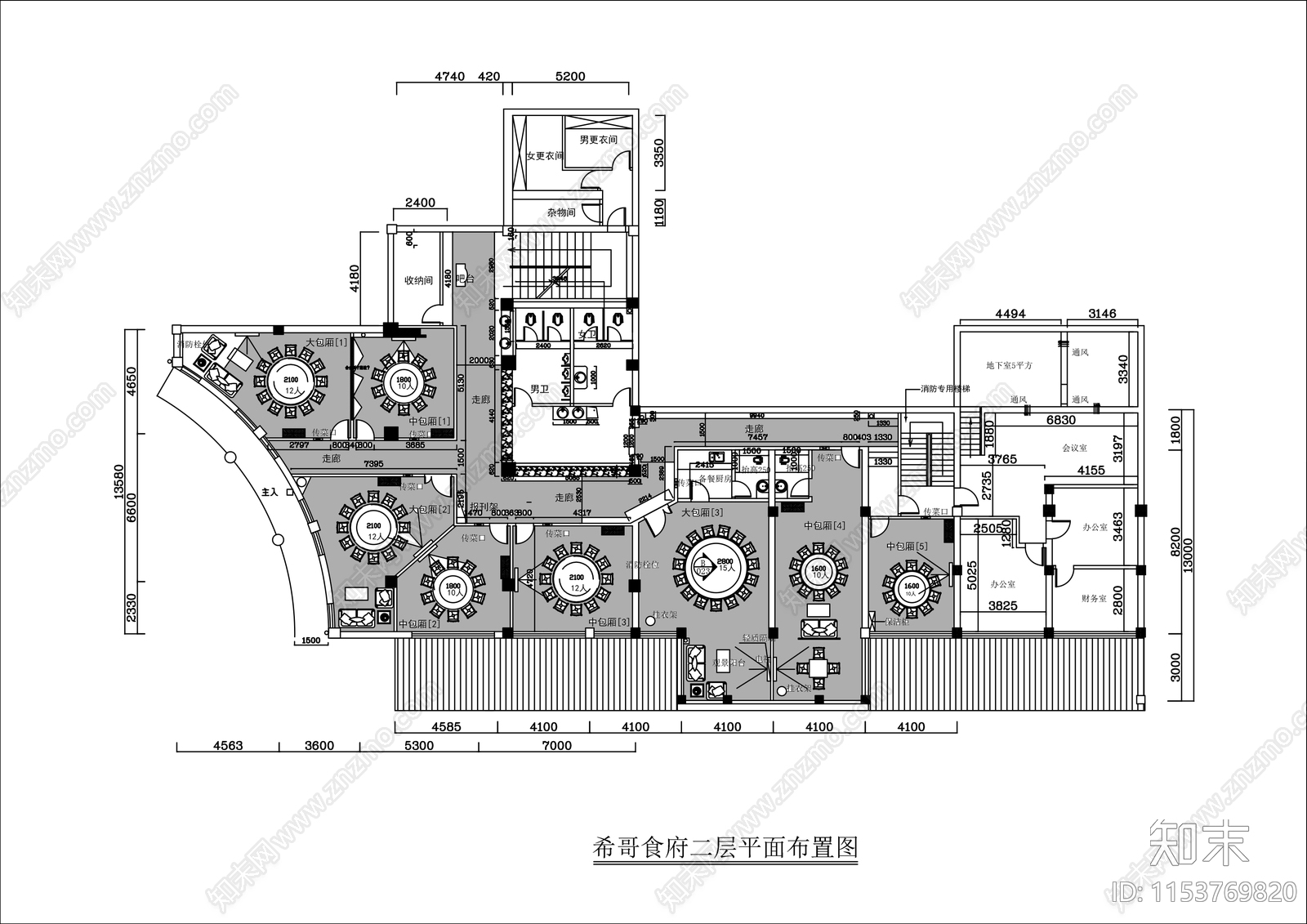 1000㎡两层中式餐馆平面布置图cad施工图下载【ID:1153769820】