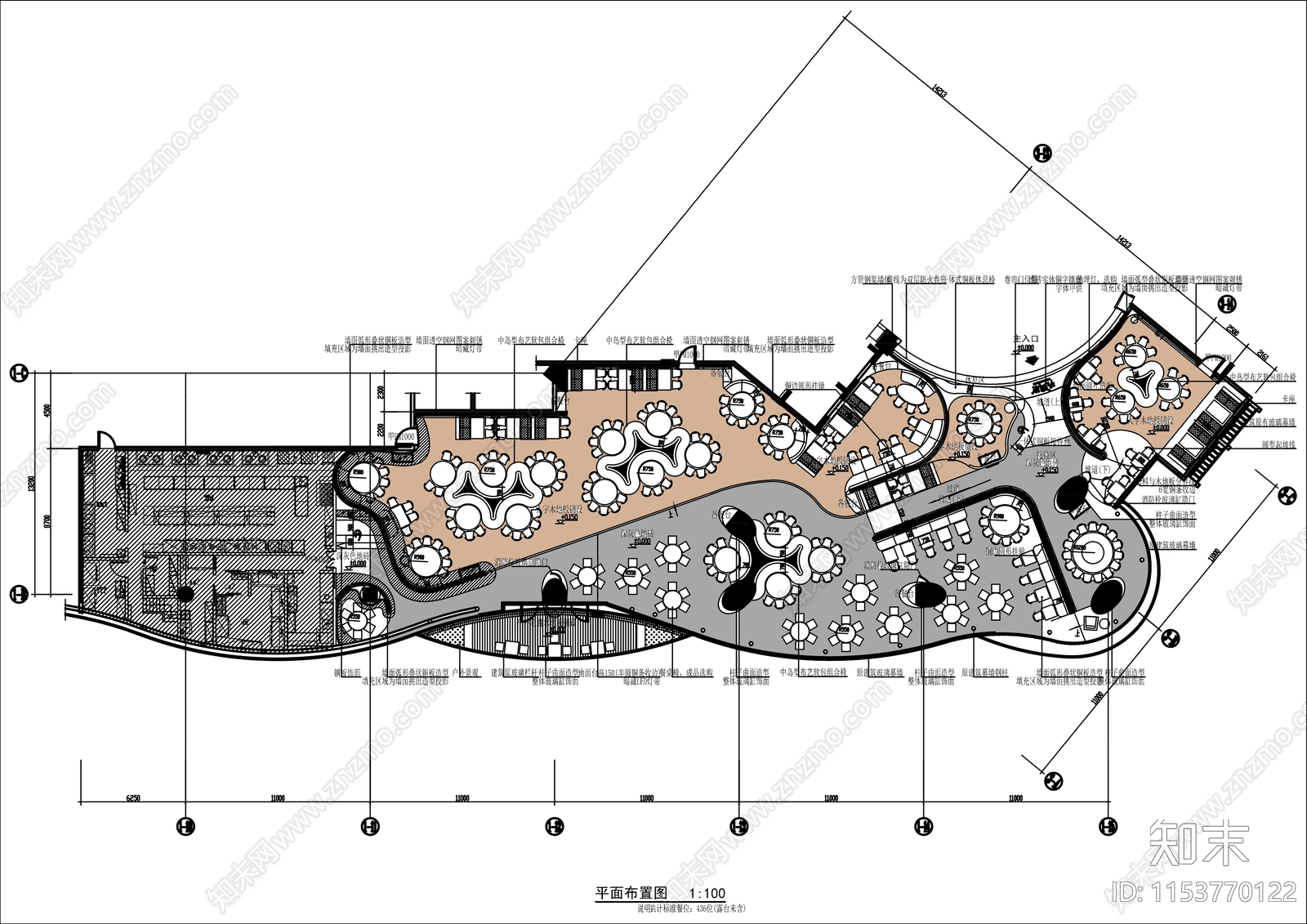 1000㎡创意餐厅平面布置图cad施工图下载【ID:1153770122】