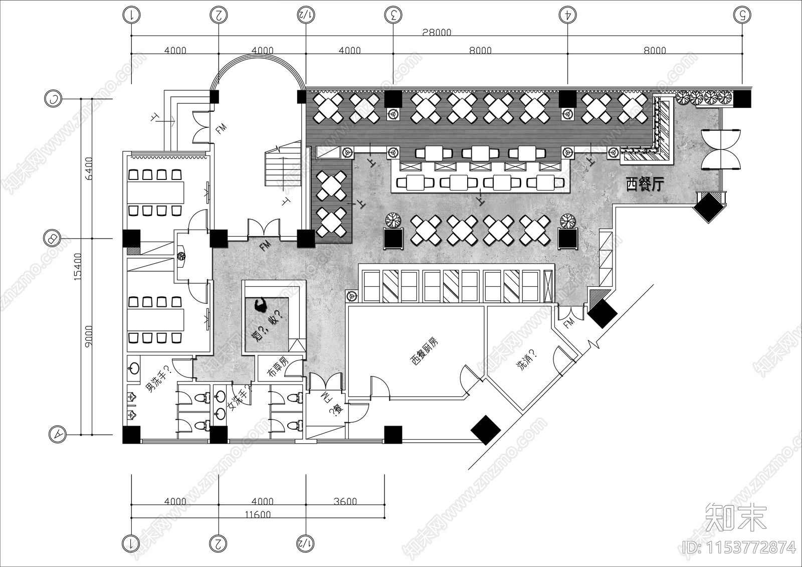 350㎡西餐厅平面布置图施工图下载【ID:1153772874】