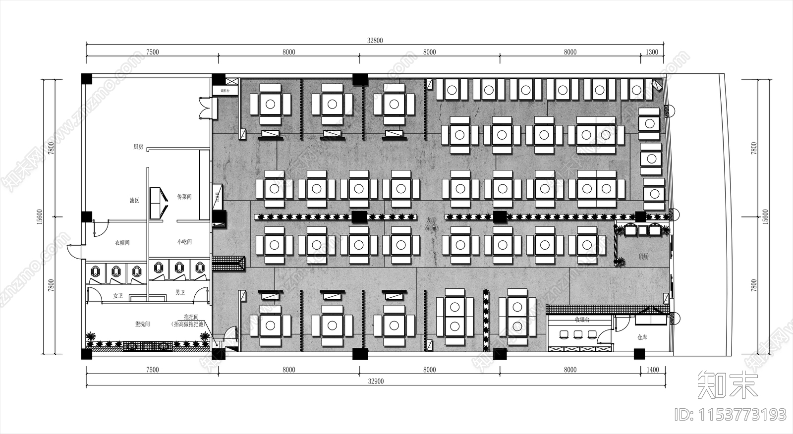 500㎡川渝中式火锅店平面布置图cad施工图下载【ID:1153773193】