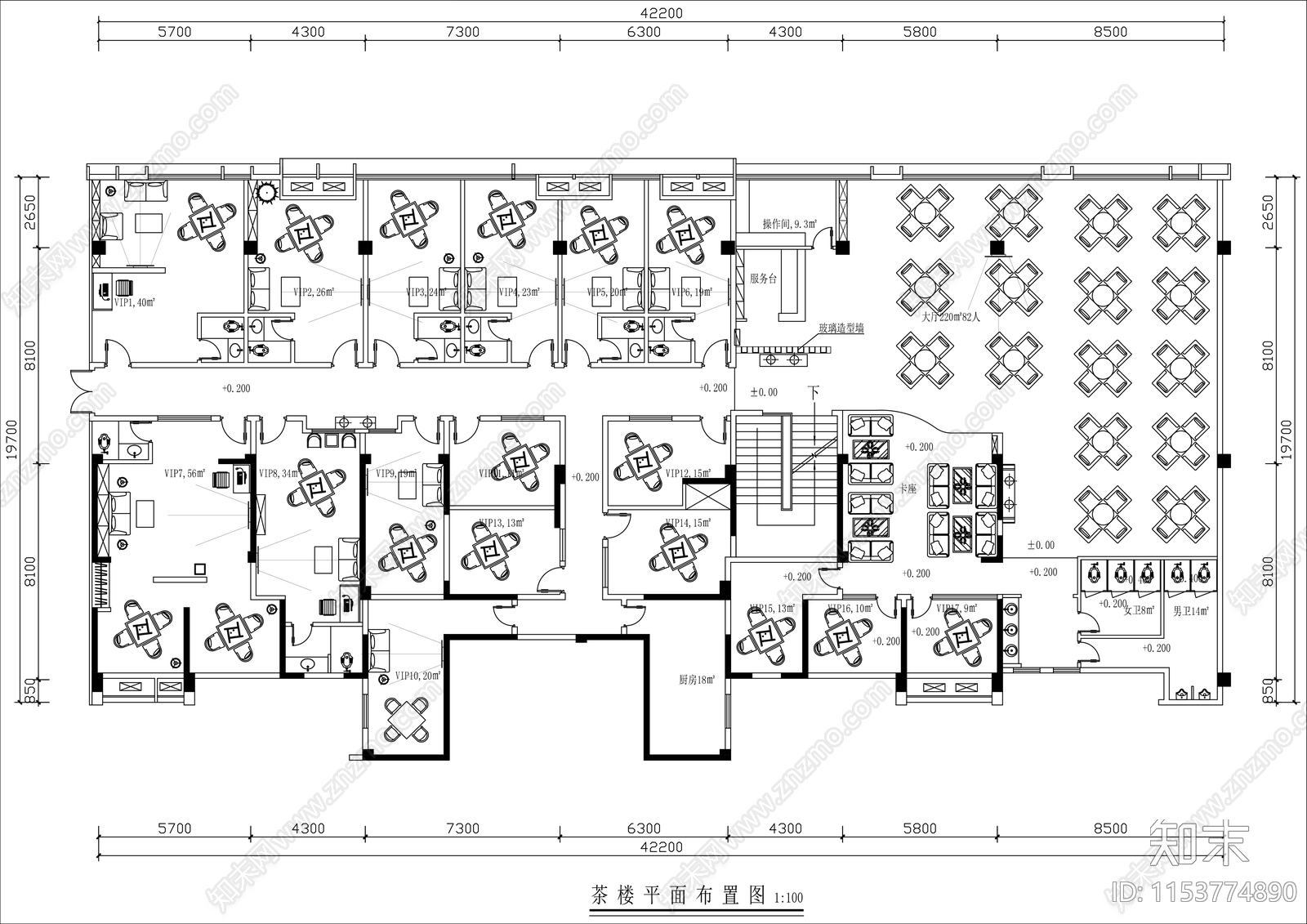 500㎡茶楼棋牌室平面布置图cad施工图下载【ID:1153774890】