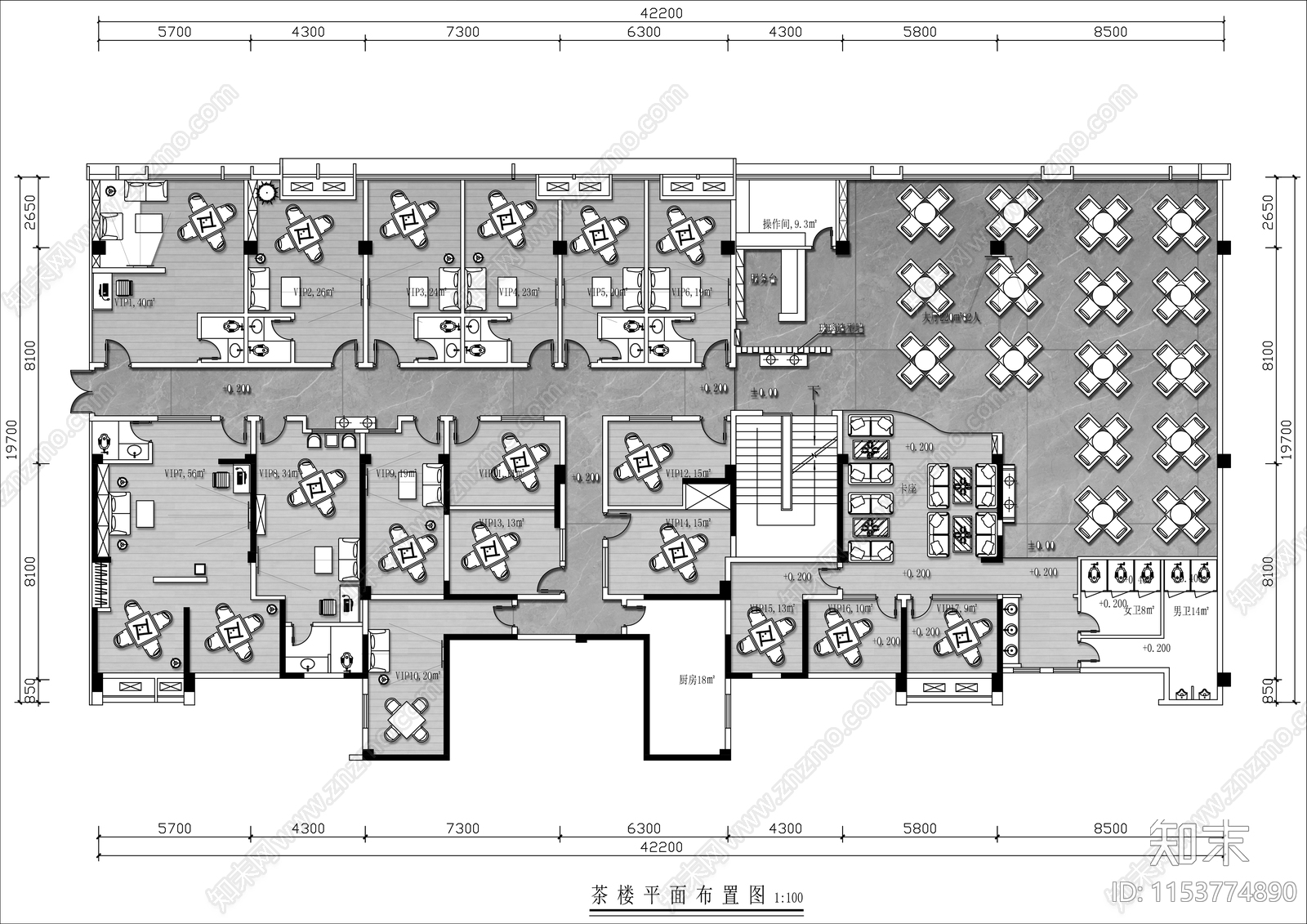 500㎡茶楼棋牌室平面布置图施工图下载【ID:1153774890】