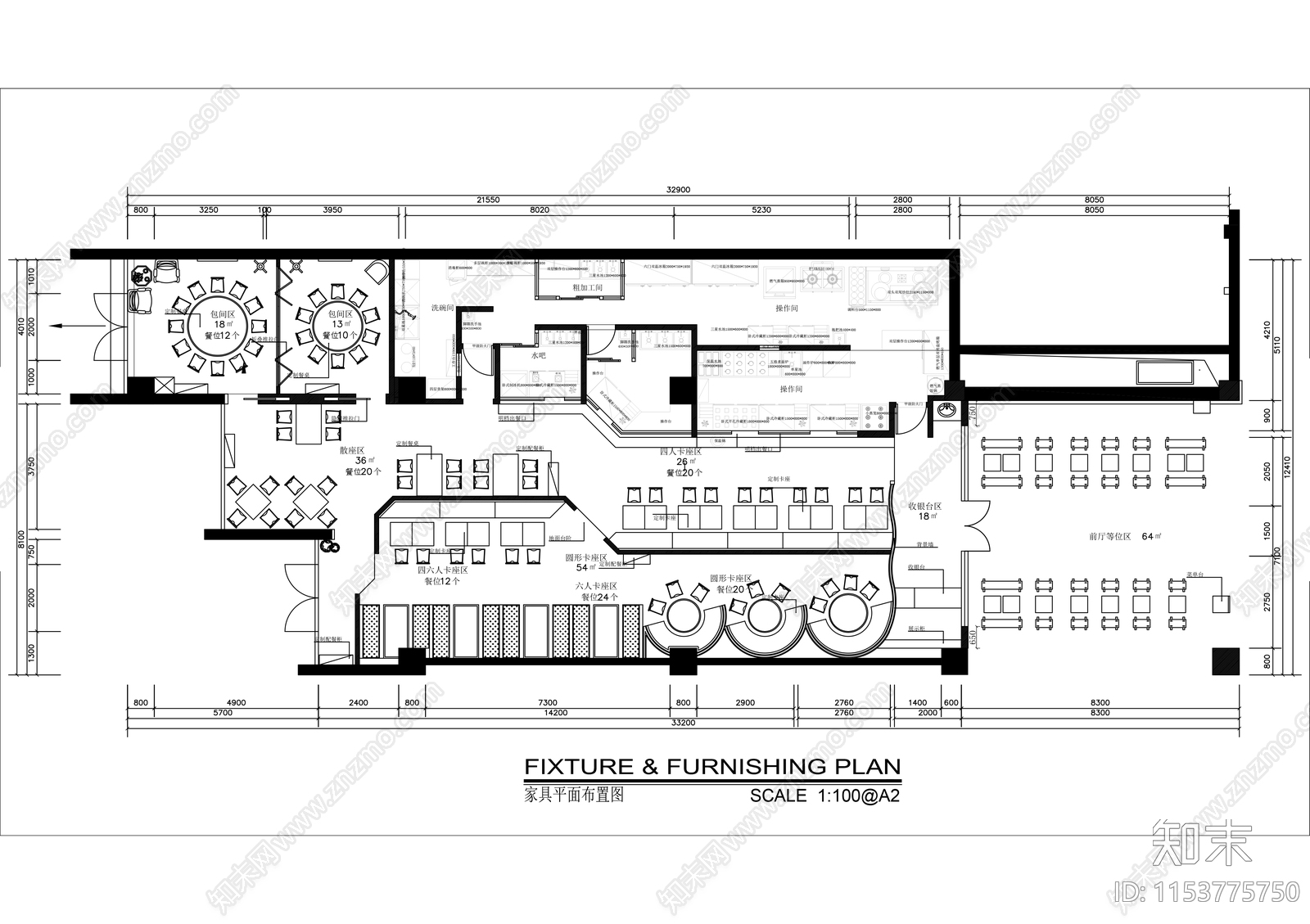 300㎡现代港式餐厅平面布置图cad施工图下载【ID:1153775750】