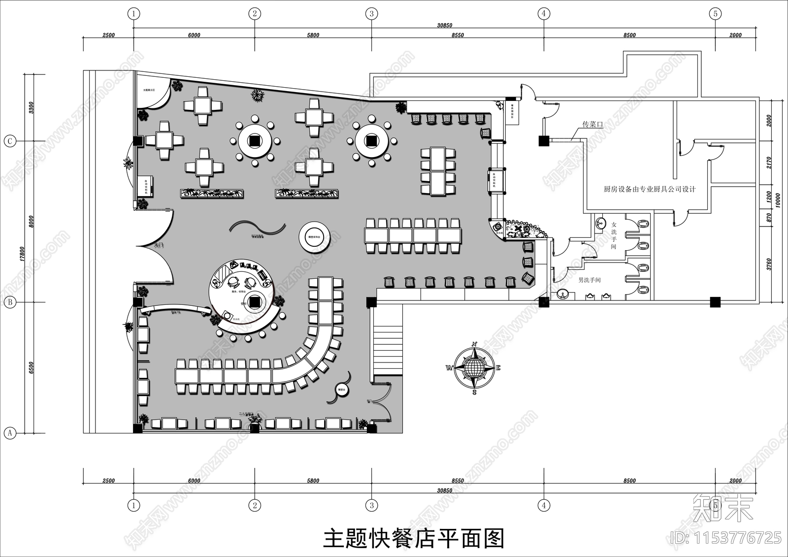 400㎡自助餐厅平面布置图cad施工图下载【ID:1153776725】