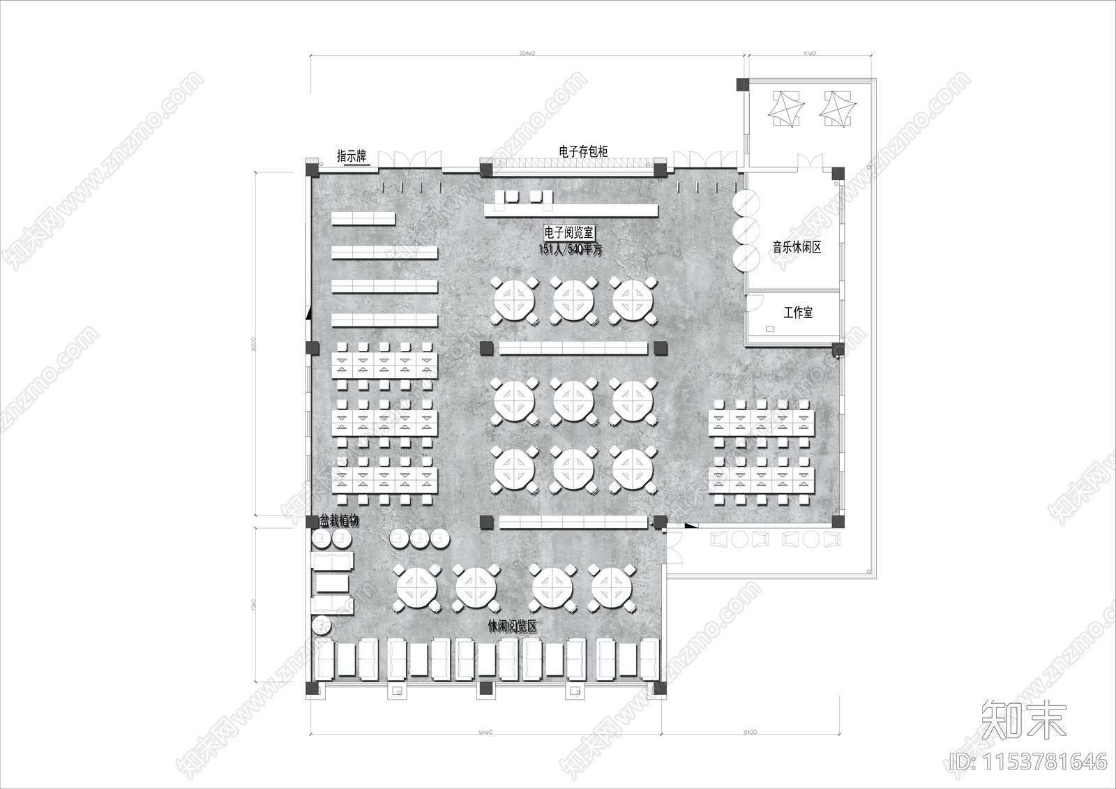 500㎡图书馆阅读室平面布置图cad施工图下载【ID:1153781646】