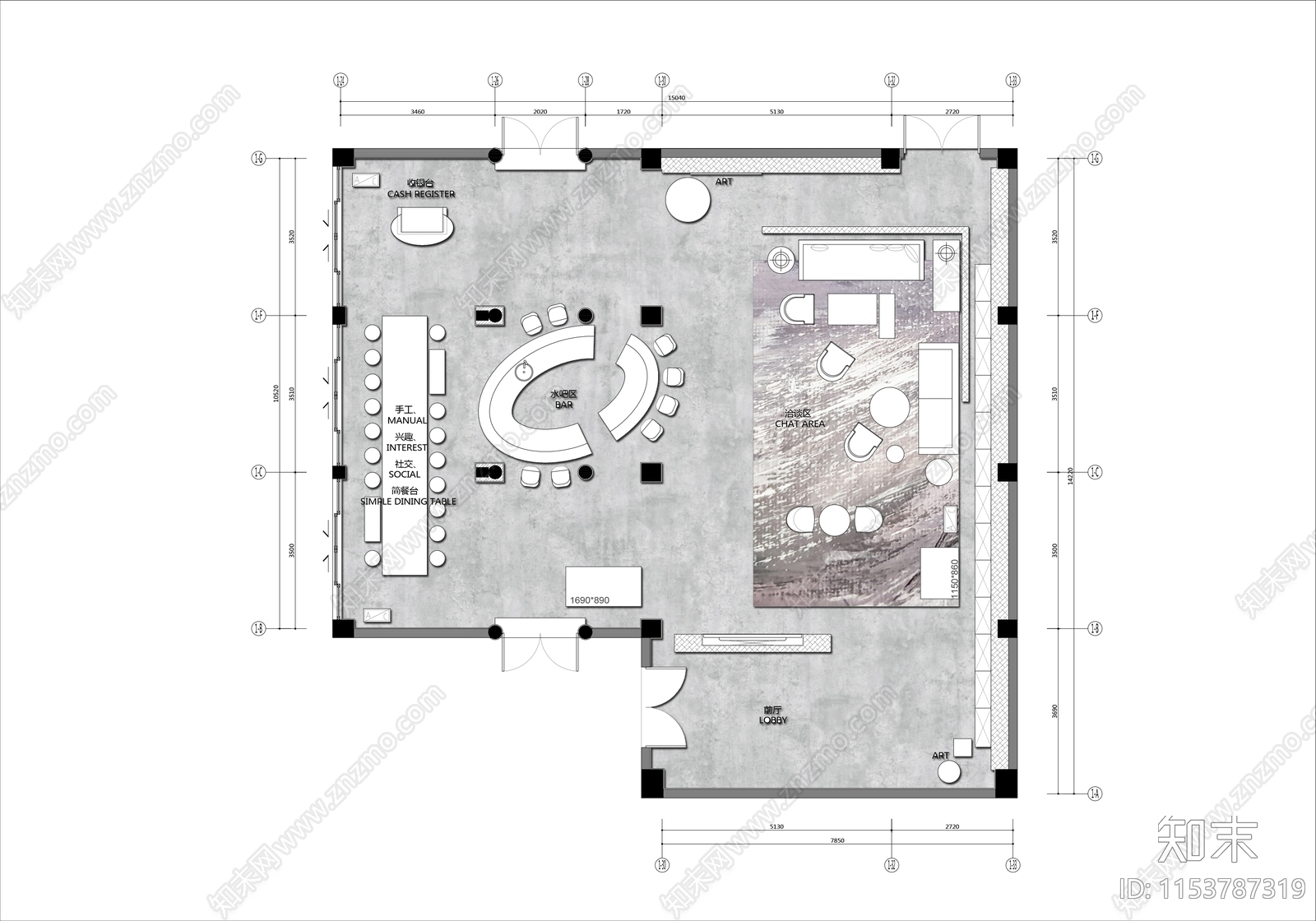 200㎡简约咖啡馆平面布置图施工图下载【ID:1153787319】