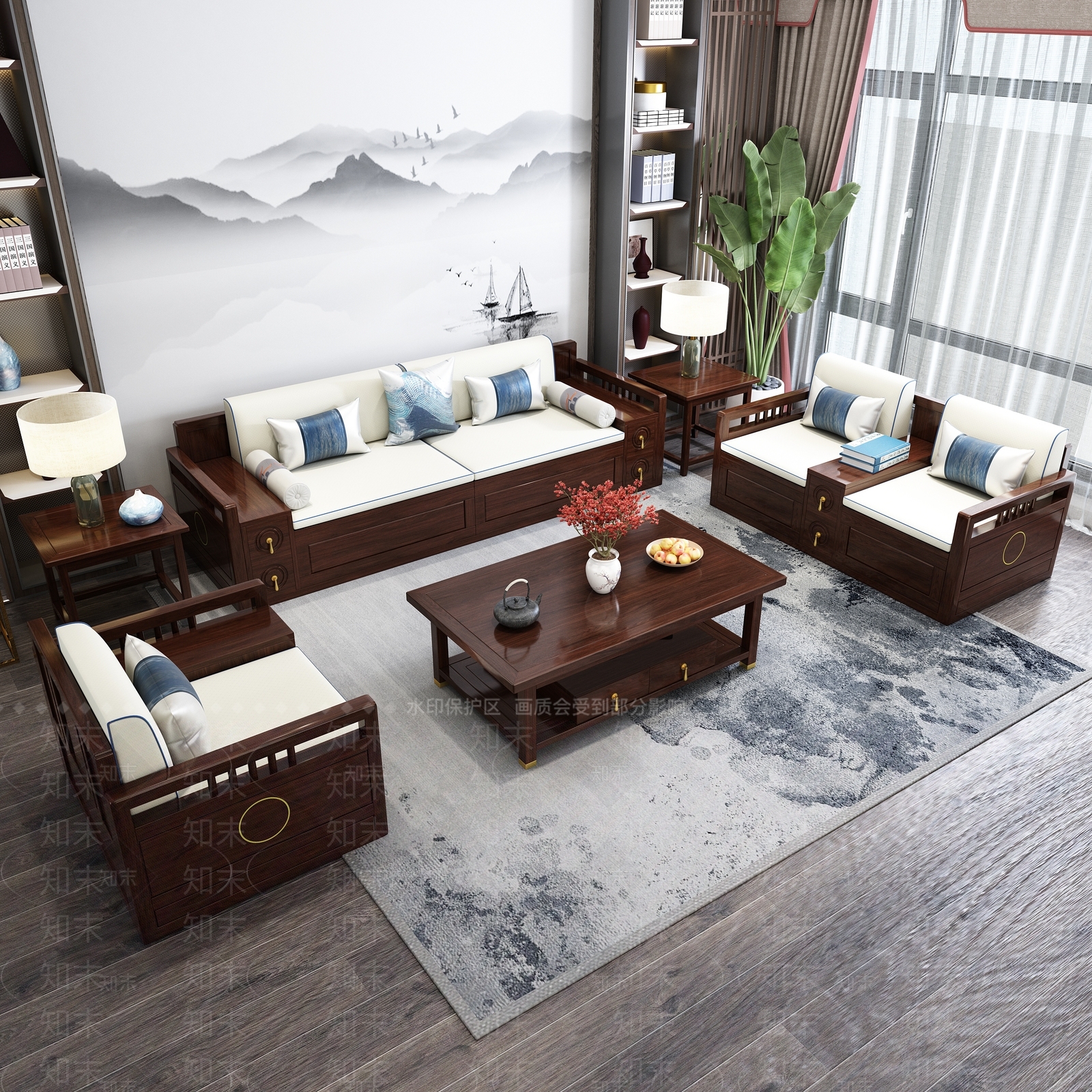 中式沙发茶几组合3D模型下载【ID:1153792282】