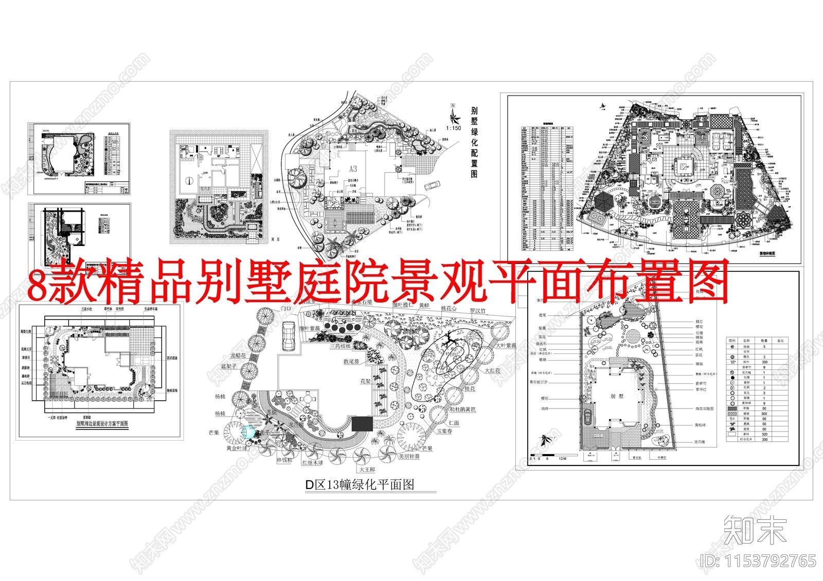 最新8个别墅庭院景观绿化平面布置图施工图下载【ID:1153792765】