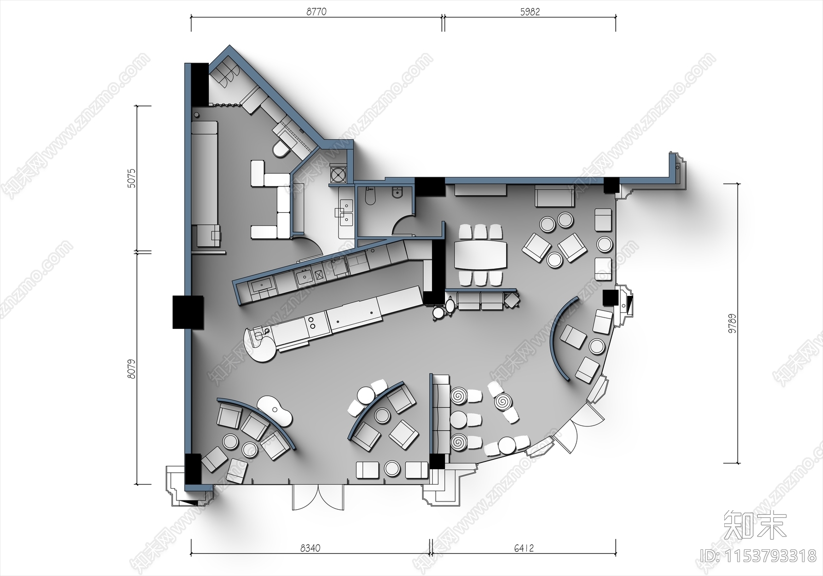 160㎡创意咖啡馆平面布置图施工图下载【ID:1153793318】