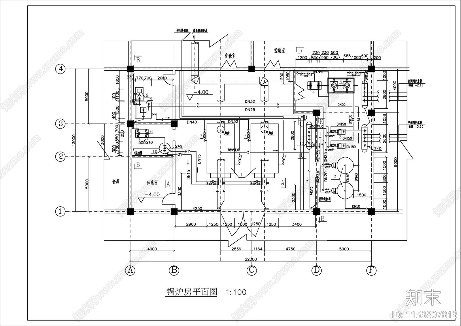 燃油蒸汽锅炉房设备cad施工图下载【ID:1153807813】