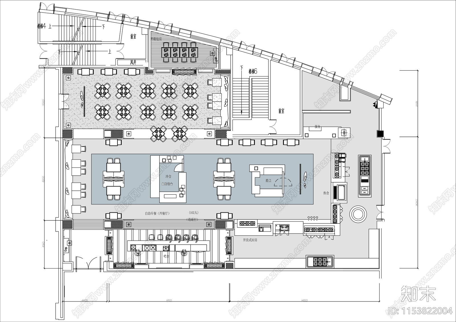 600㎡自助餐厅cad施工图下载【ID:1153822004】