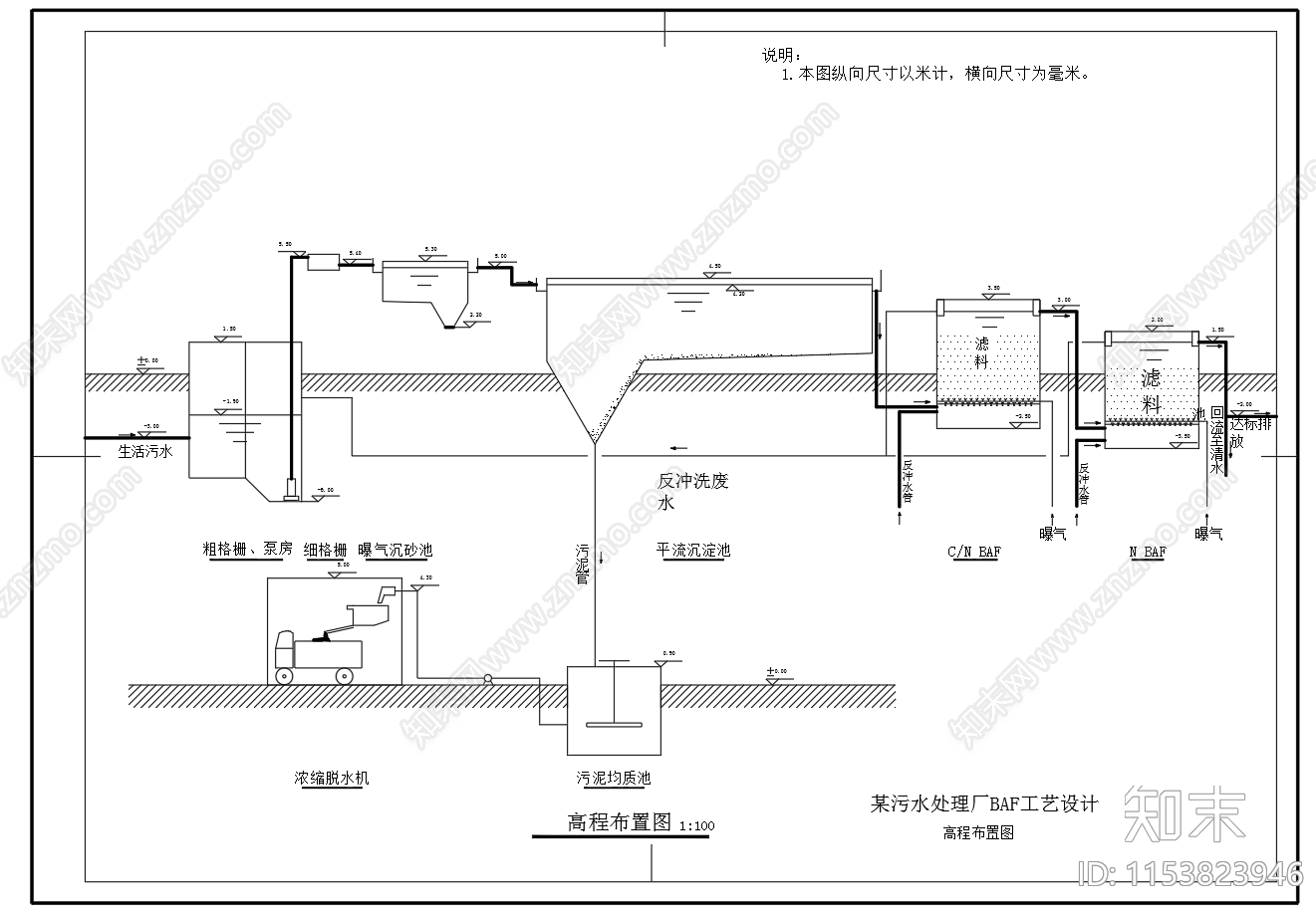 BAF工艺污水处理厂平面高程图单体构筑物设计图纸施工图下载【ID:1153823946】