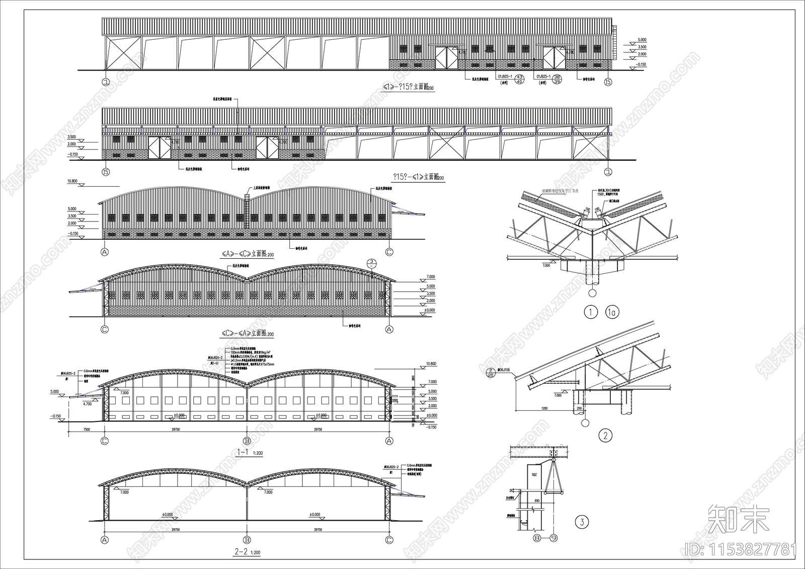 彩钢板及钢架结构厂房建筑设计施工图下载【ID:1153827781】