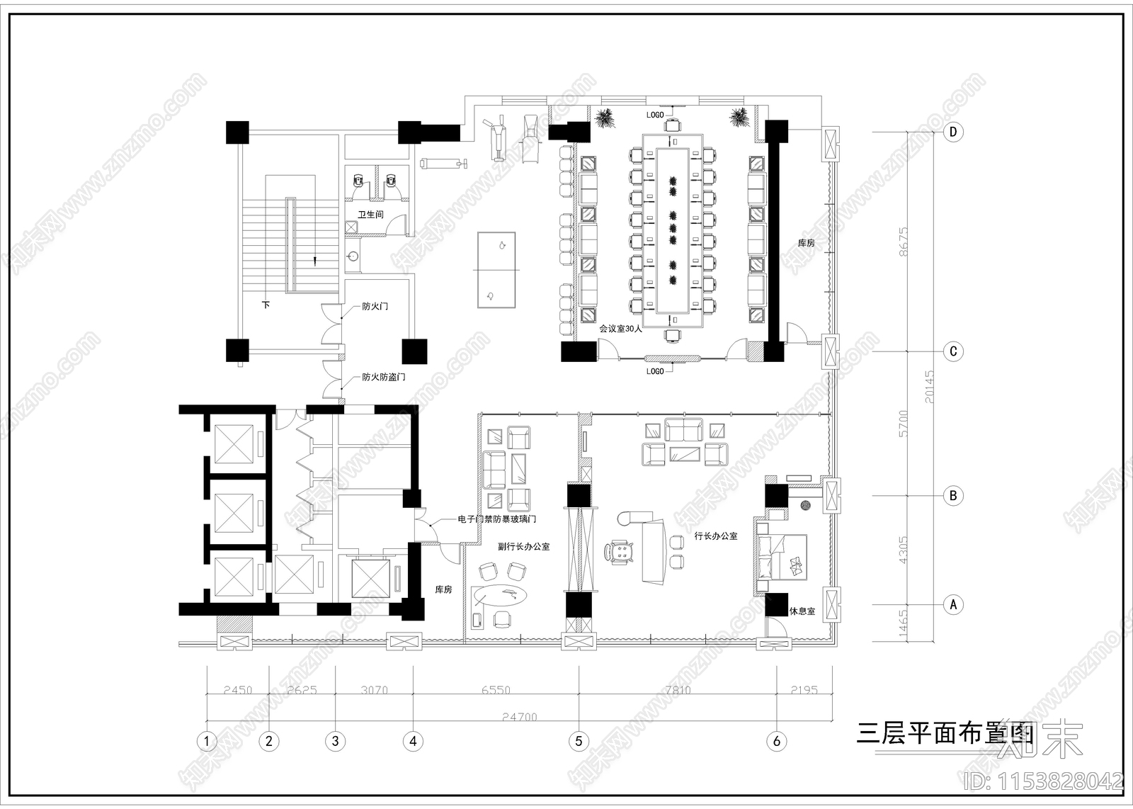 1650㎡银行支行cad施工图下载【ID:1153828042】