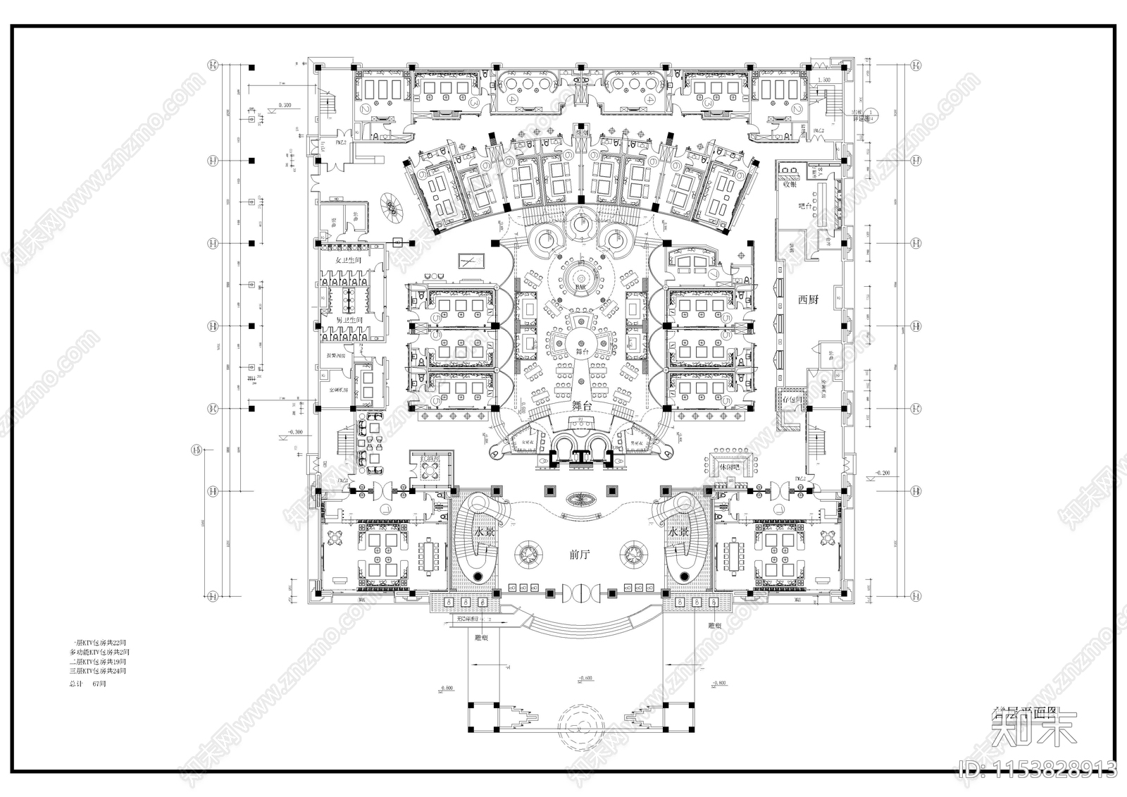 10020㎡KTV建筑设计cad施工图下载【ID:1153828913】