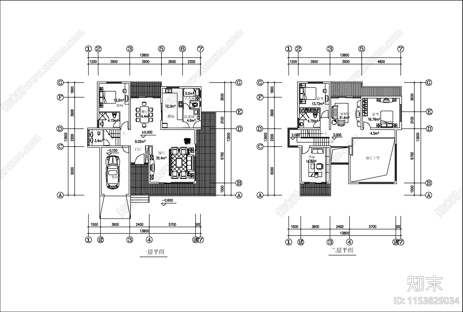 三层现代别墅建筑cad施工图下载【ID:1153829034】