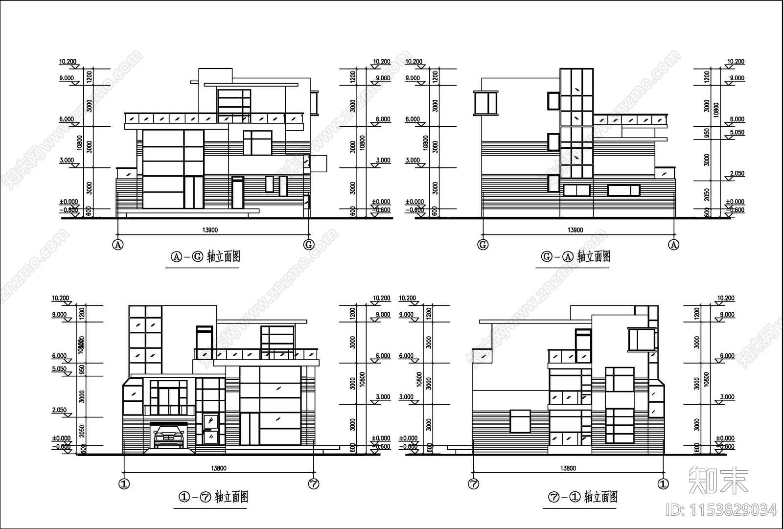 三层现代别墅建筑cad施工图下载【ID:1153829034】