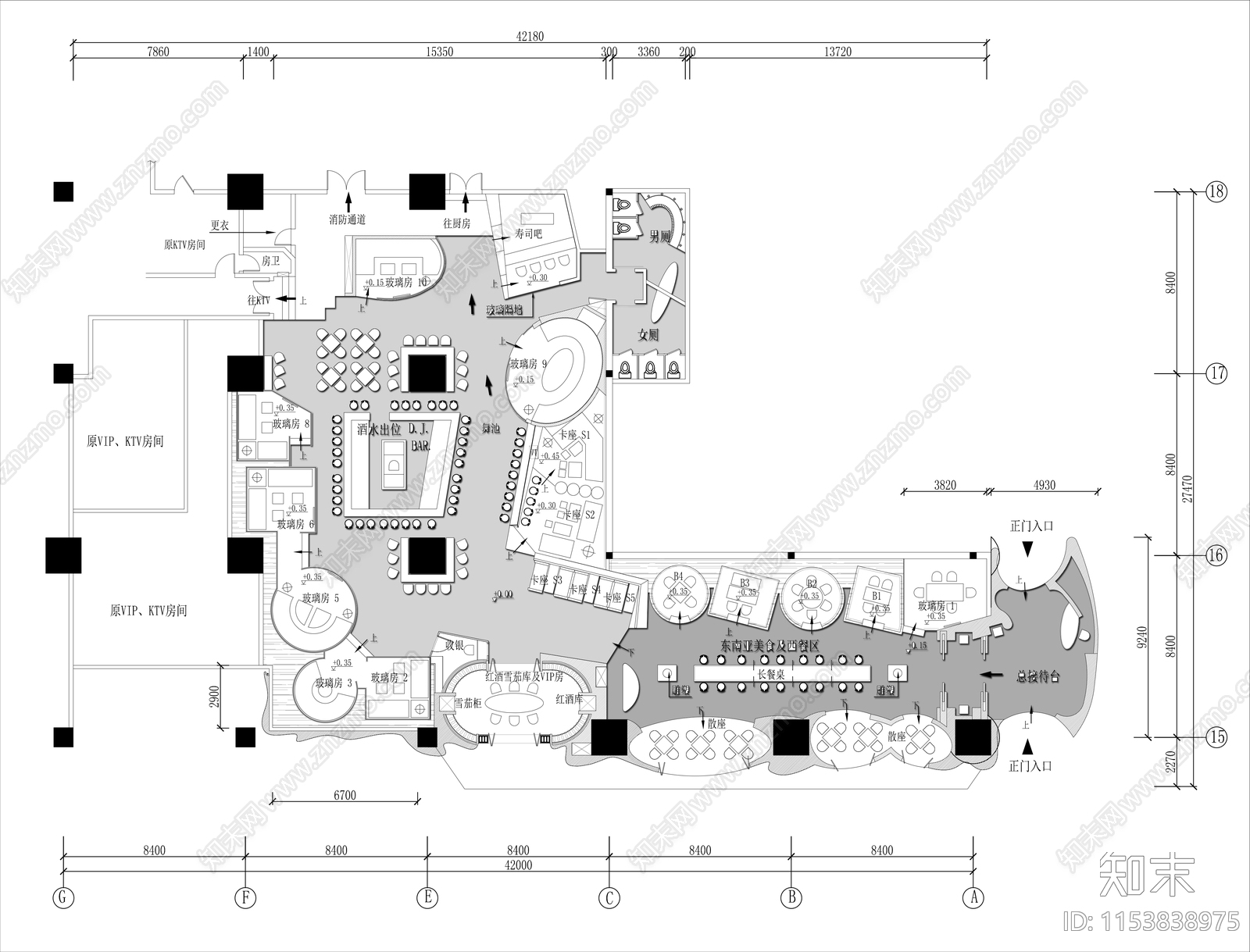 800㎡东南亚餐厅平面布置图施工图下载【ID:1153838975】