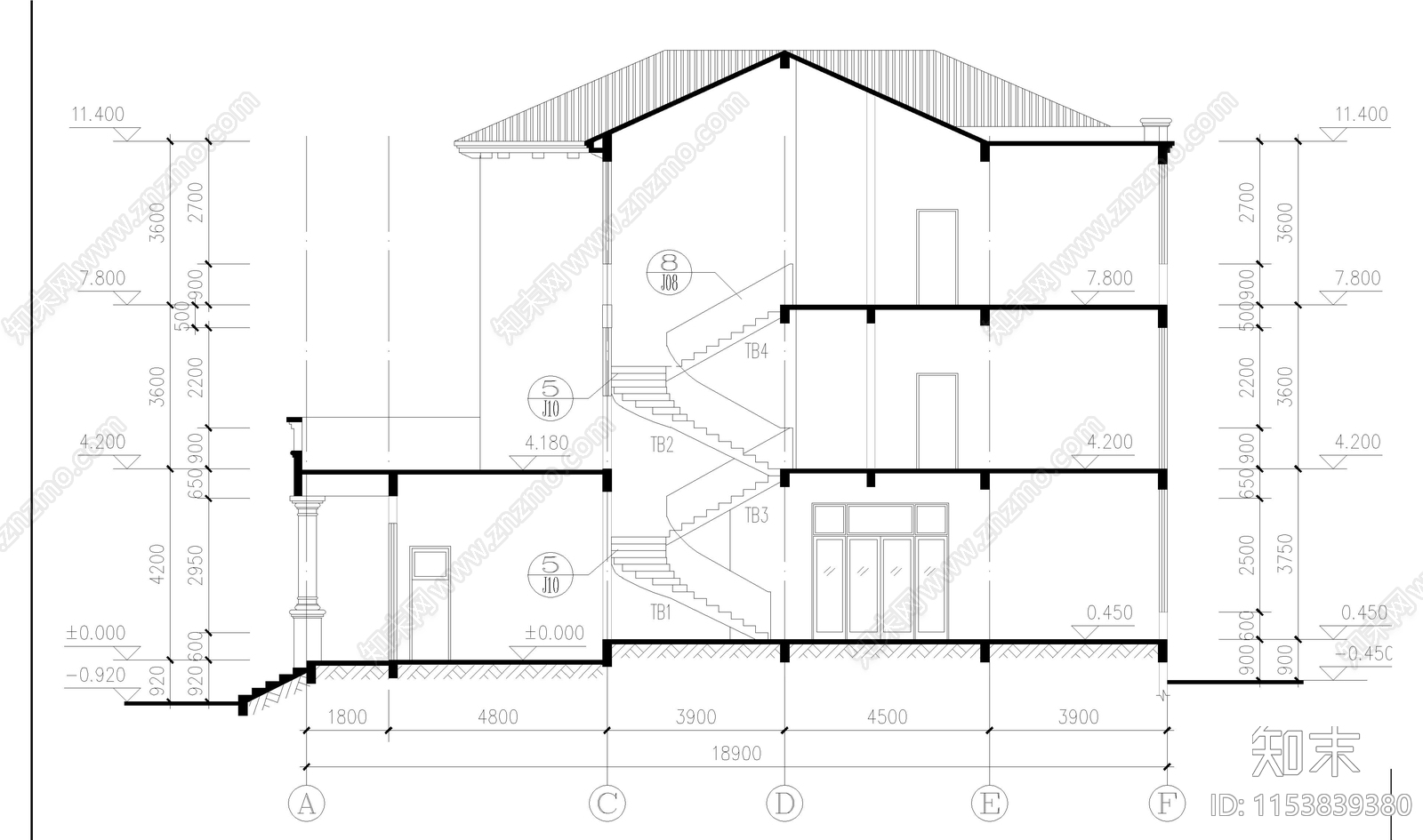 别墅建筑cad施工图下载【ID:1153839380】