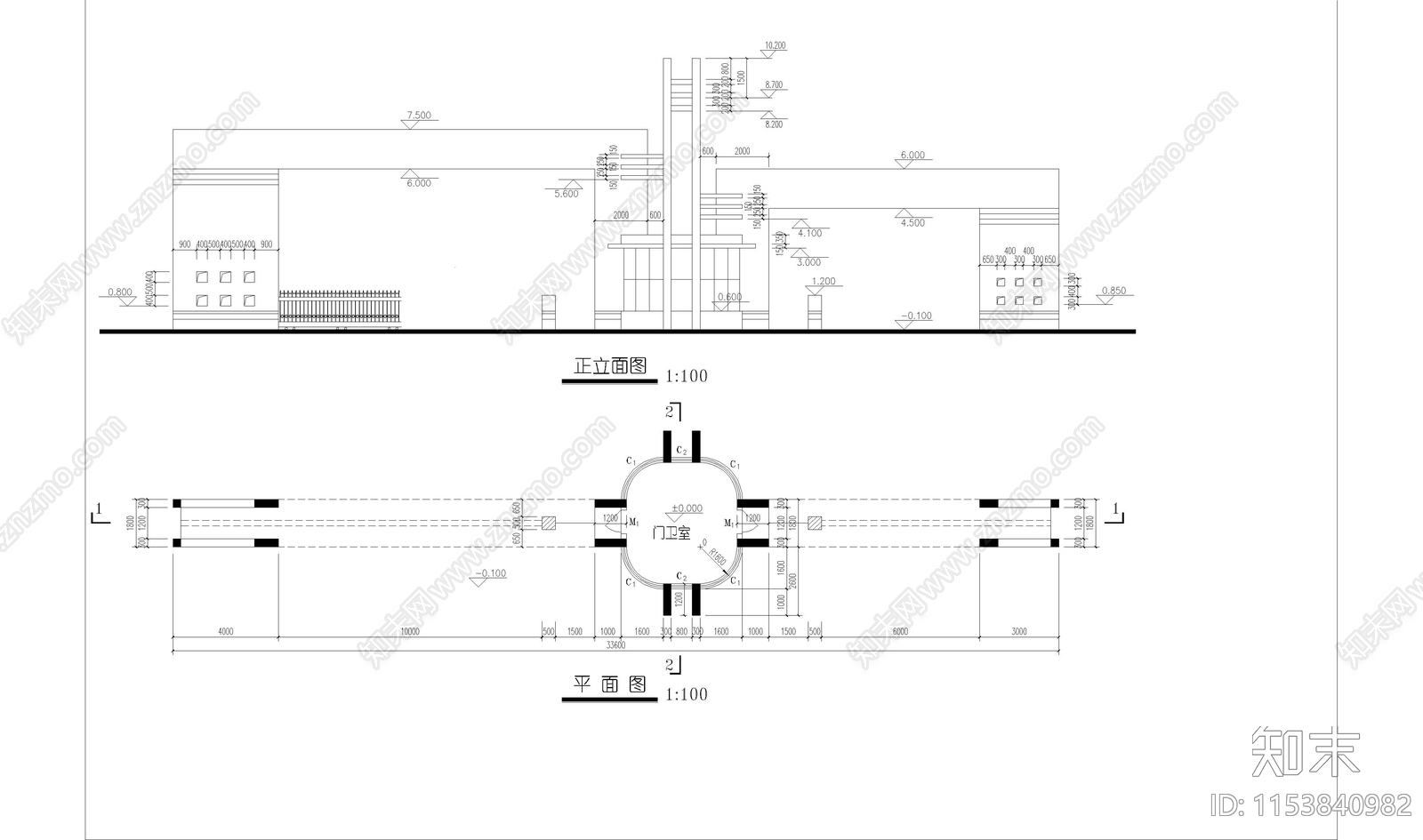 门卫室建筑cad施工图下载【ID:1153840982】